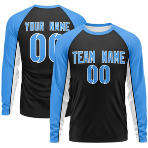 Custom Black Powder Blue Crew Neck Raglan Long Sleeve Performance T-Shirt