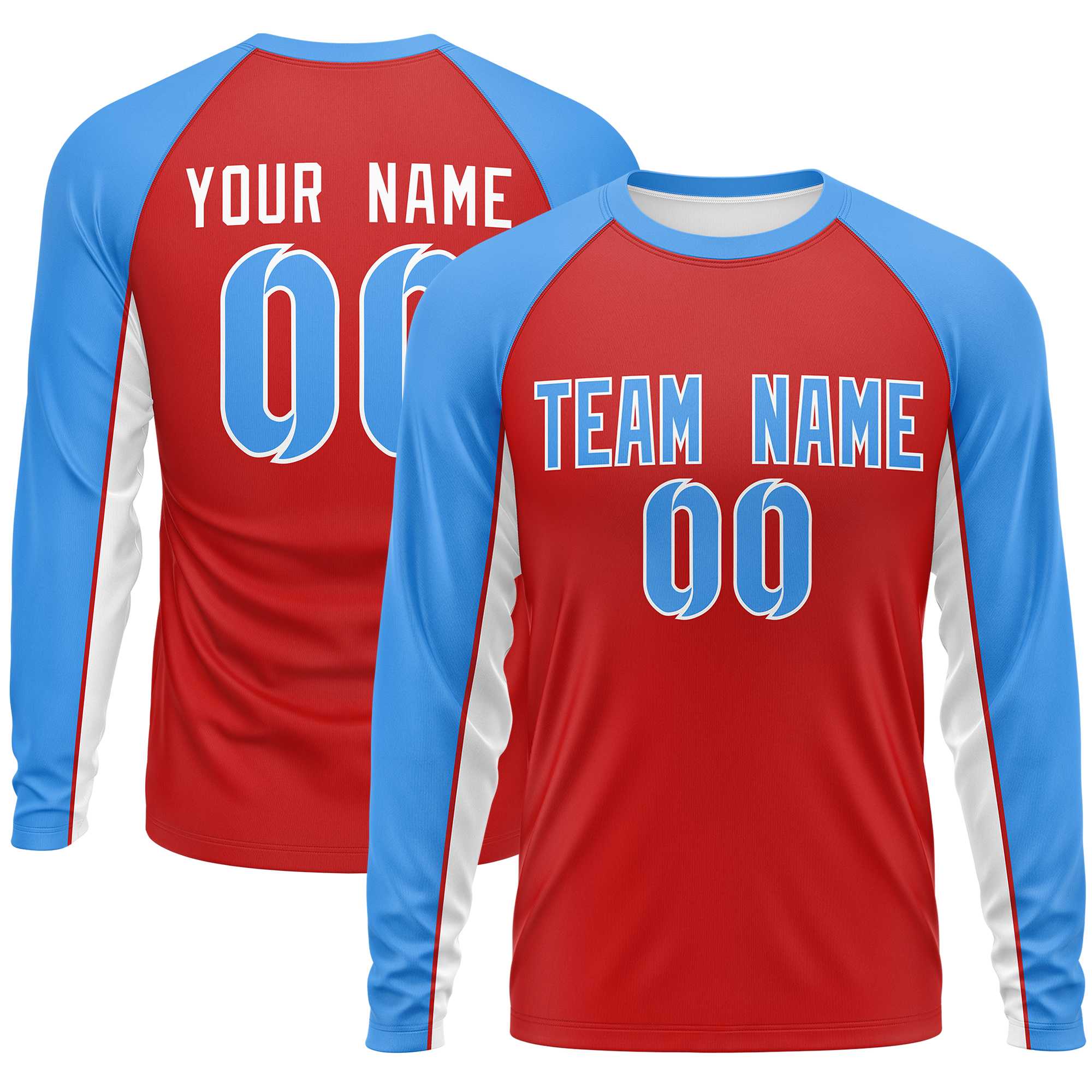 Custom Red Powder Blue Crew Neck Raglan Long Sleeve Performance T-Shirt