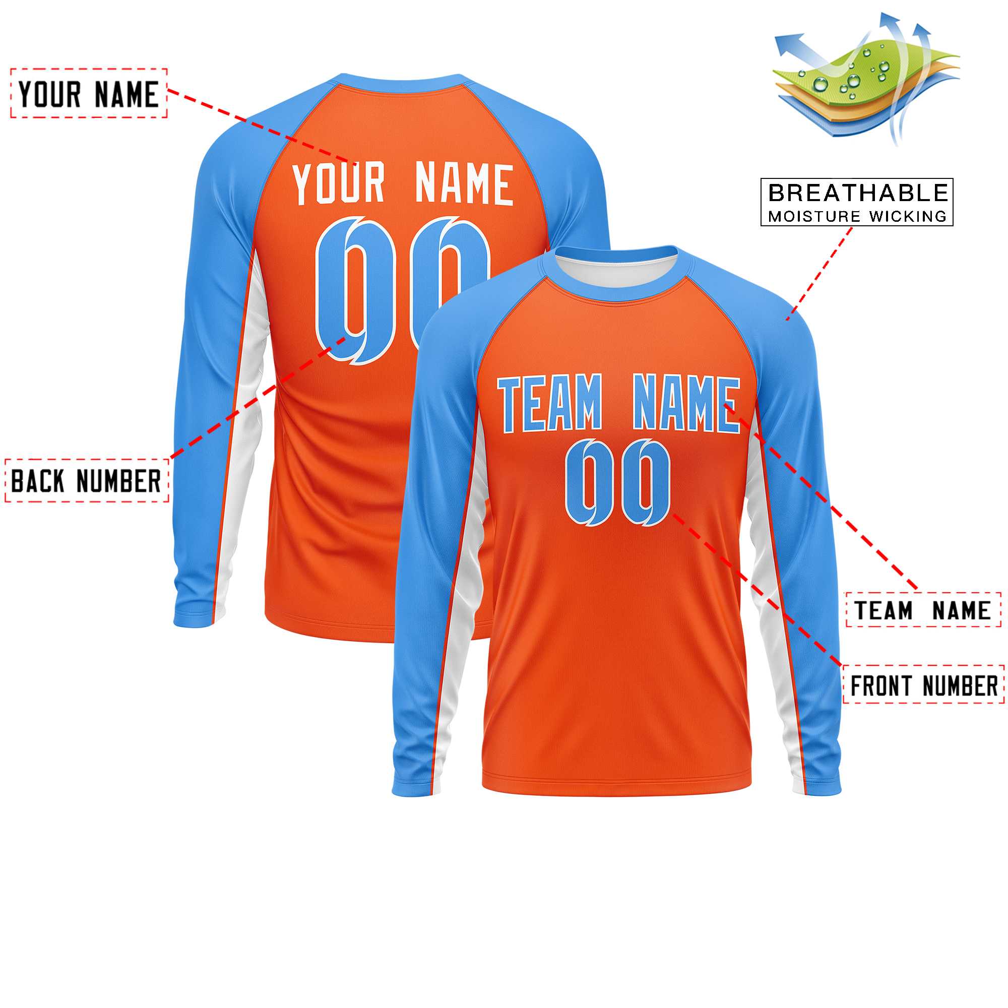 Custom Orange Powder Blue Crew Neck Raglan Long Sleeve Performance T-Shirt