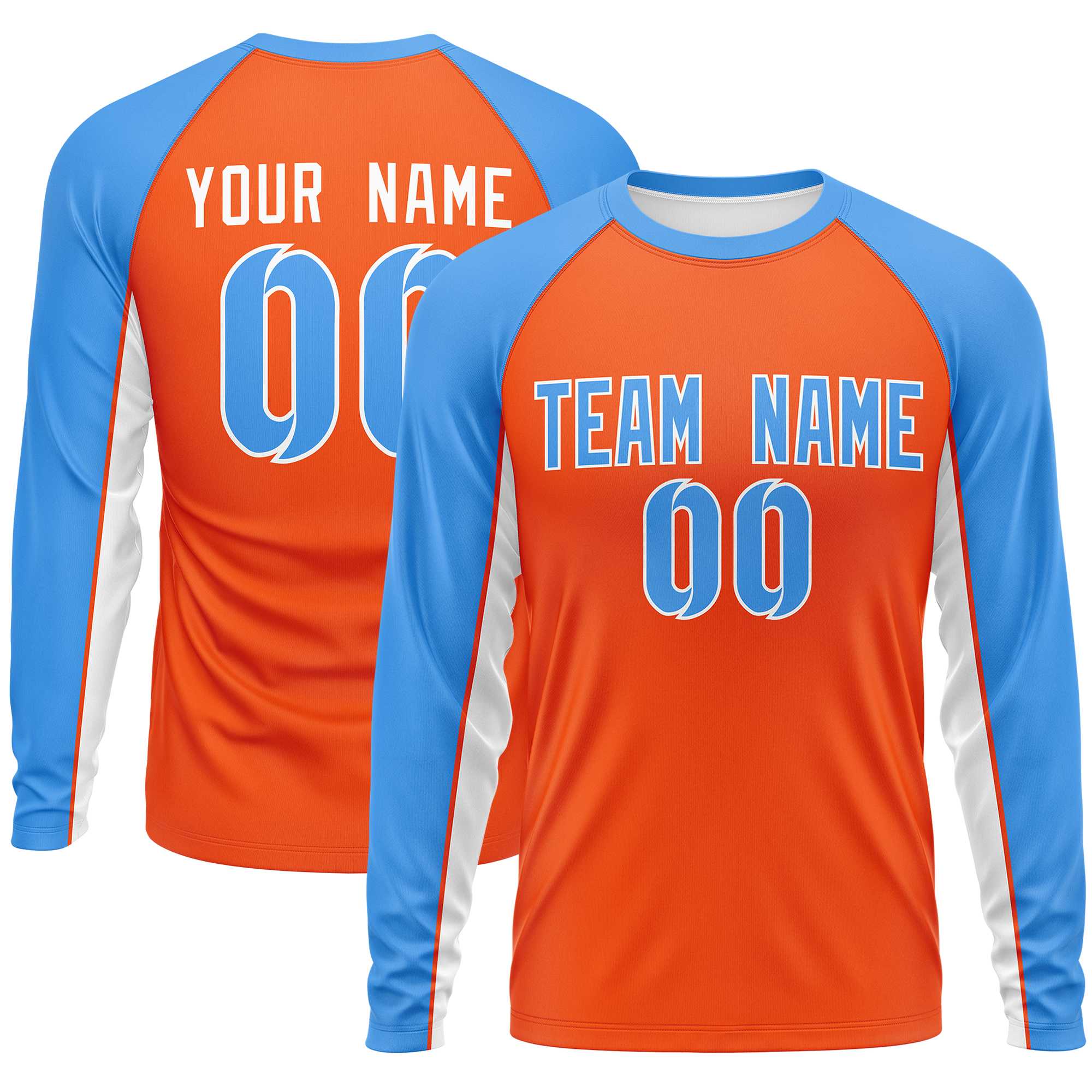 Custom Orange Powder Blue Crew Neck Raglan Long Sleeve Performance T-Shirt