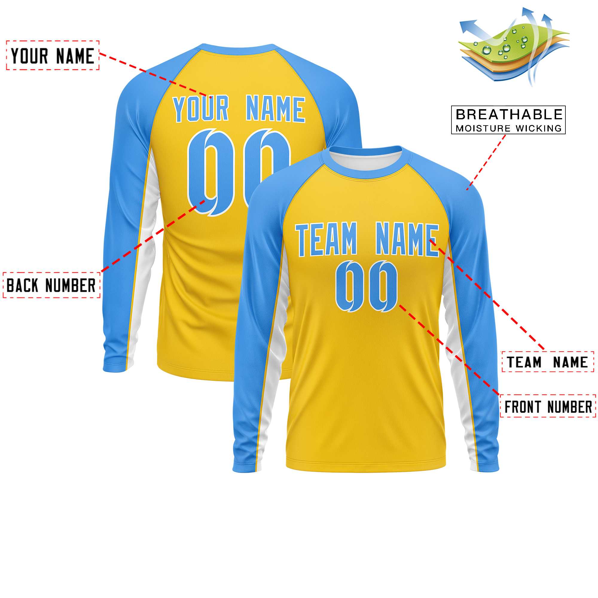 Custom Gold Powder Blue Crew Neck Raglan Long Sleeve Performance T-Shirt