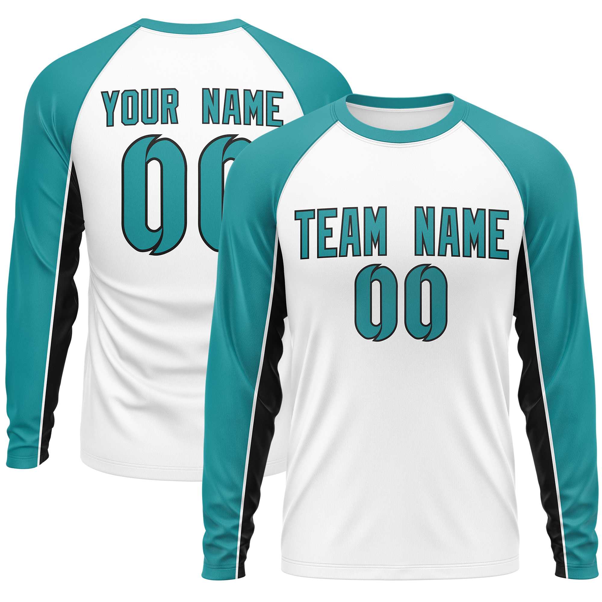 Custom White Aqua Crew Neck Raglan Long Sleeve Performance T-Shirt