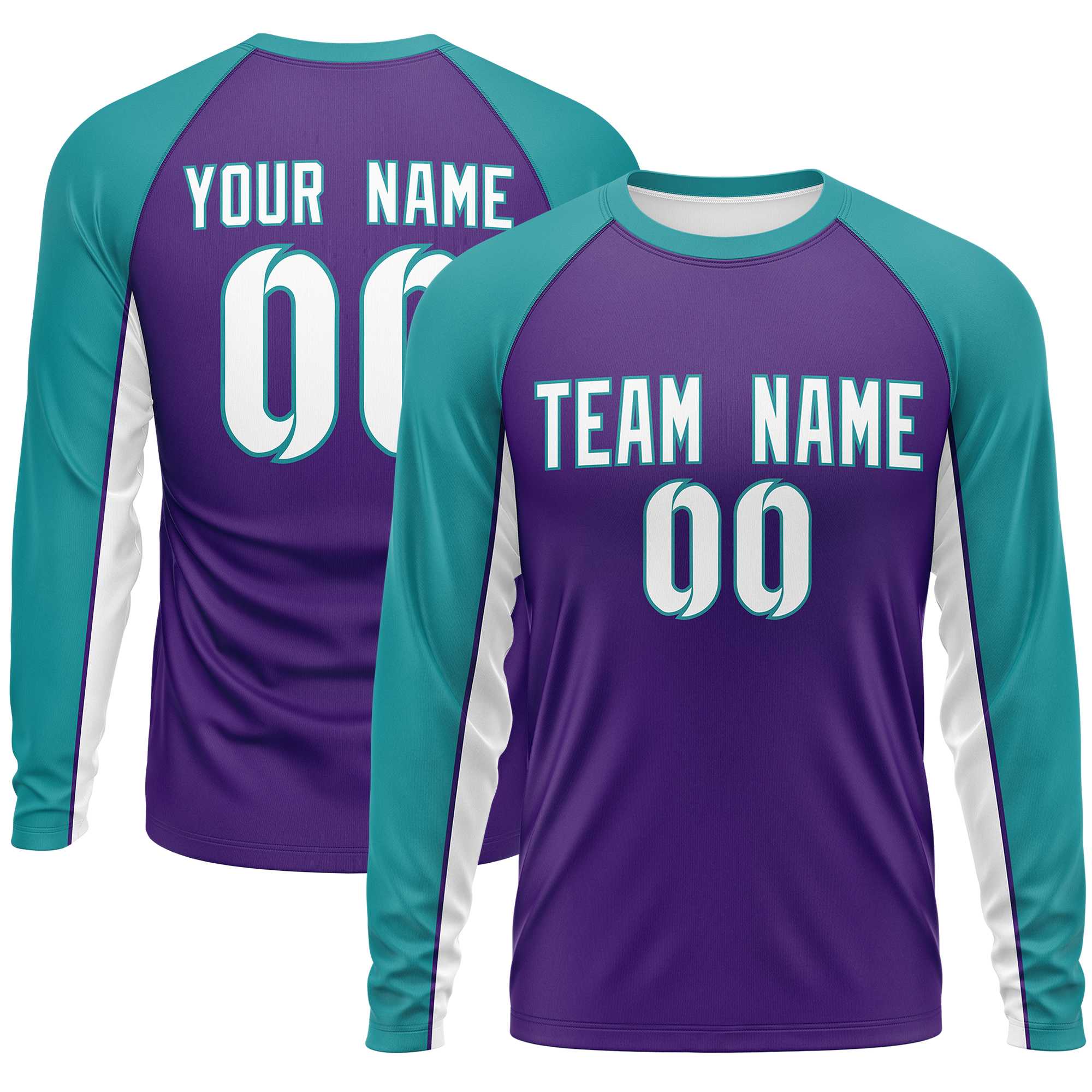 Custom Purple Aqua Crew Neck Raglan Long Sleeve Performance T-Shirt