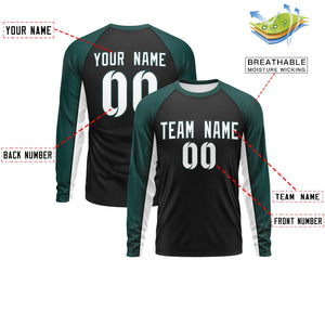 Custom Black Midnight Green Crew Neck Raglan Long Sleeve Performance T-Shirt