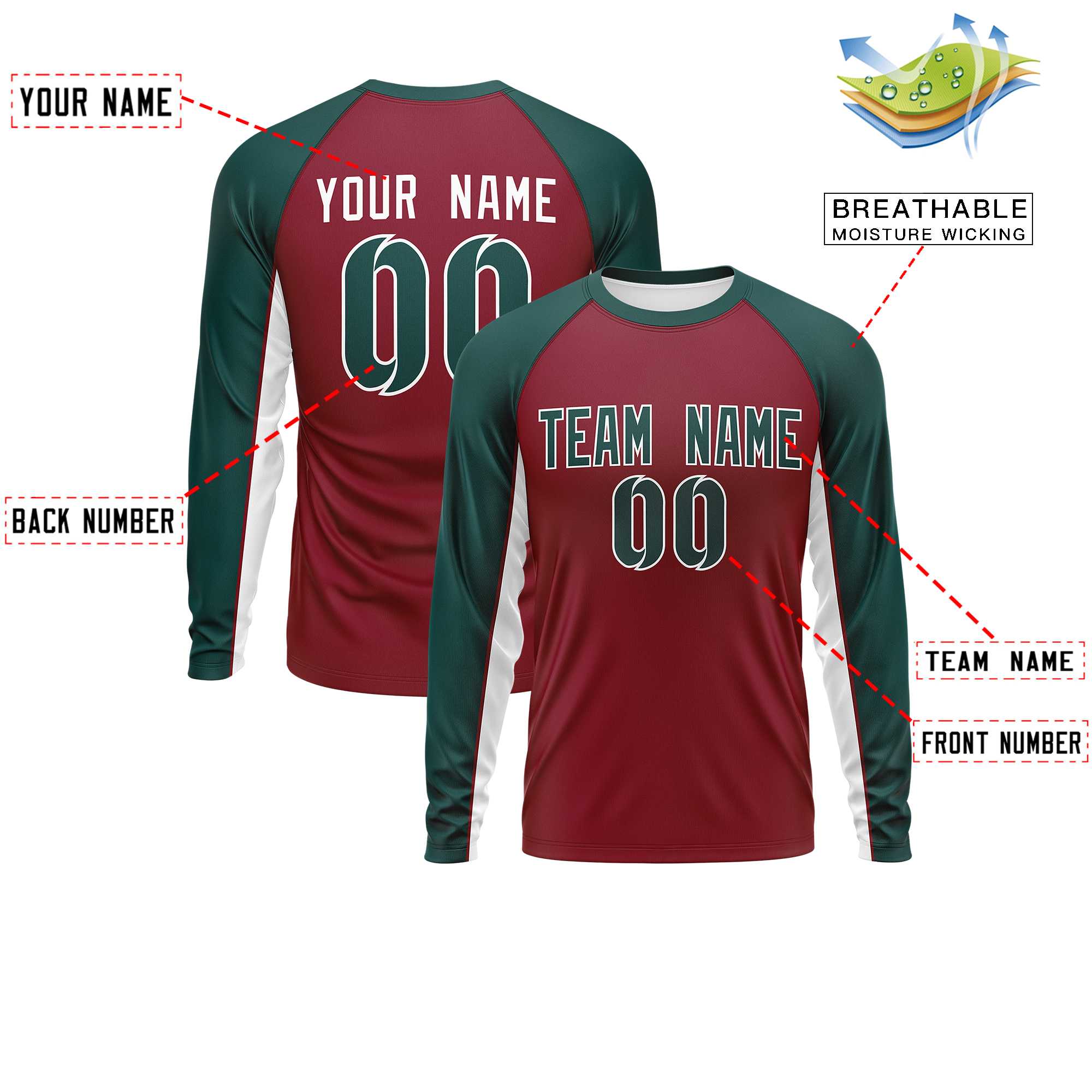 Custom Crimson Midnight Green Crew Neck Raglan Long Sleeve Performance T-Shirt