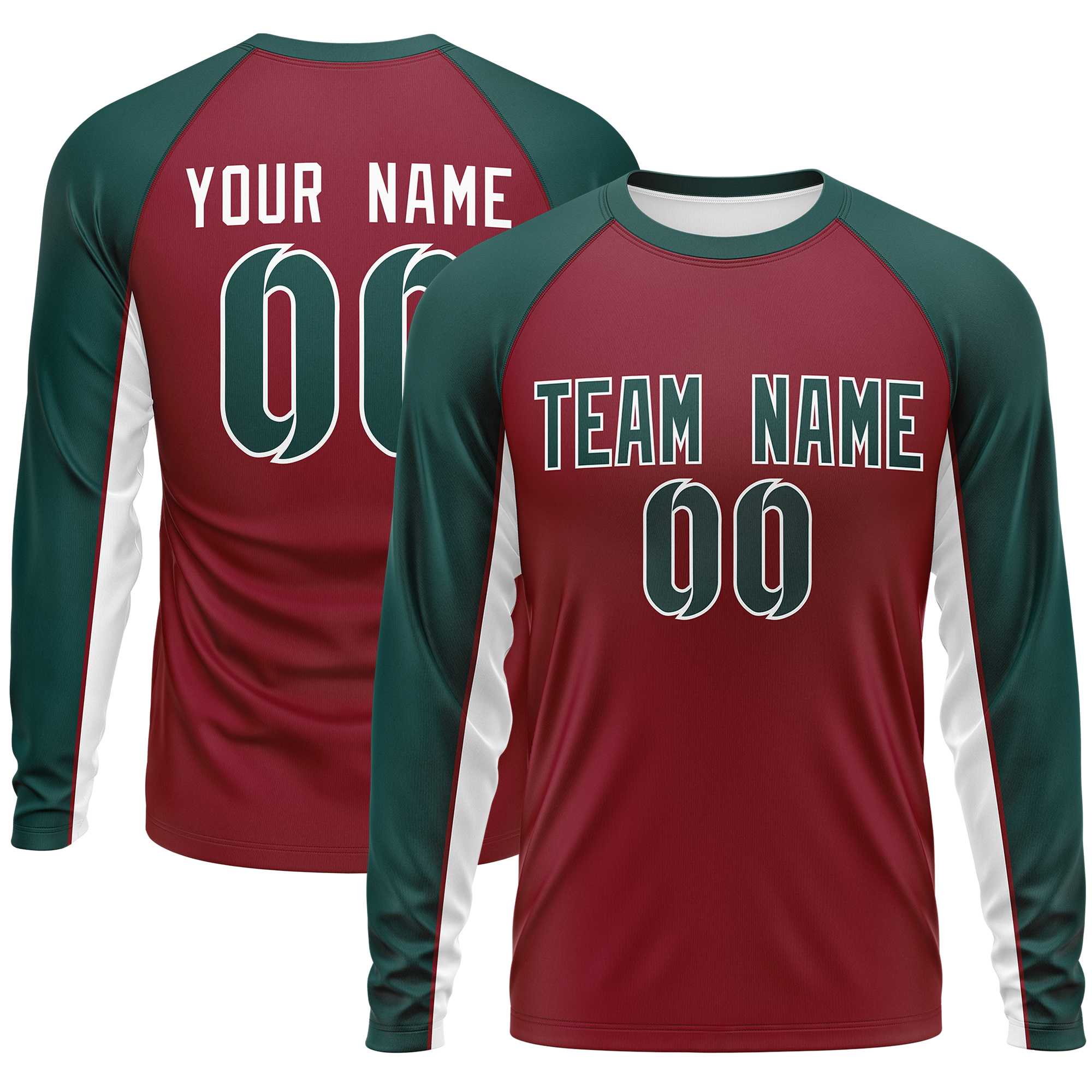 Custom Crimson Midnight Green Crew Neck Raglan Long Sleeve Performance T-Shirt