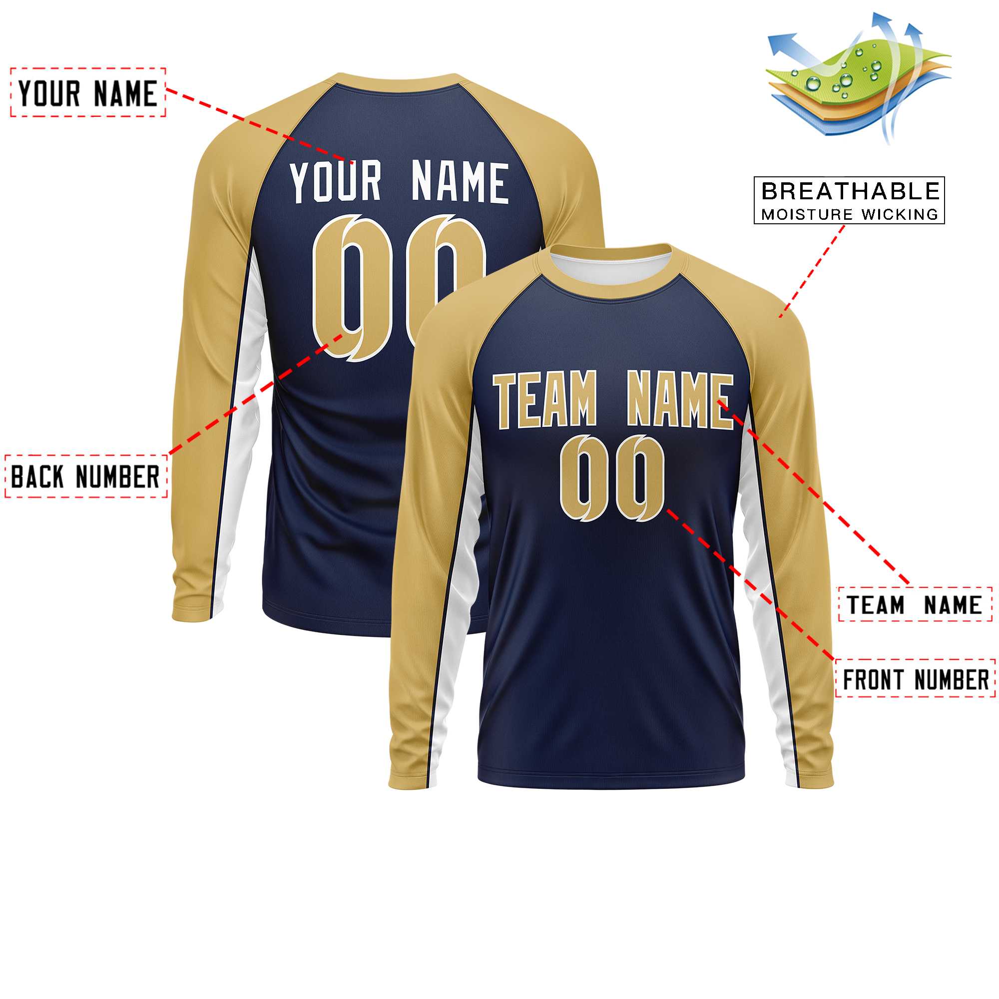 Custom Navy Old Gold Crew Neck Raglan Long Sleeve Performance T-Shirt