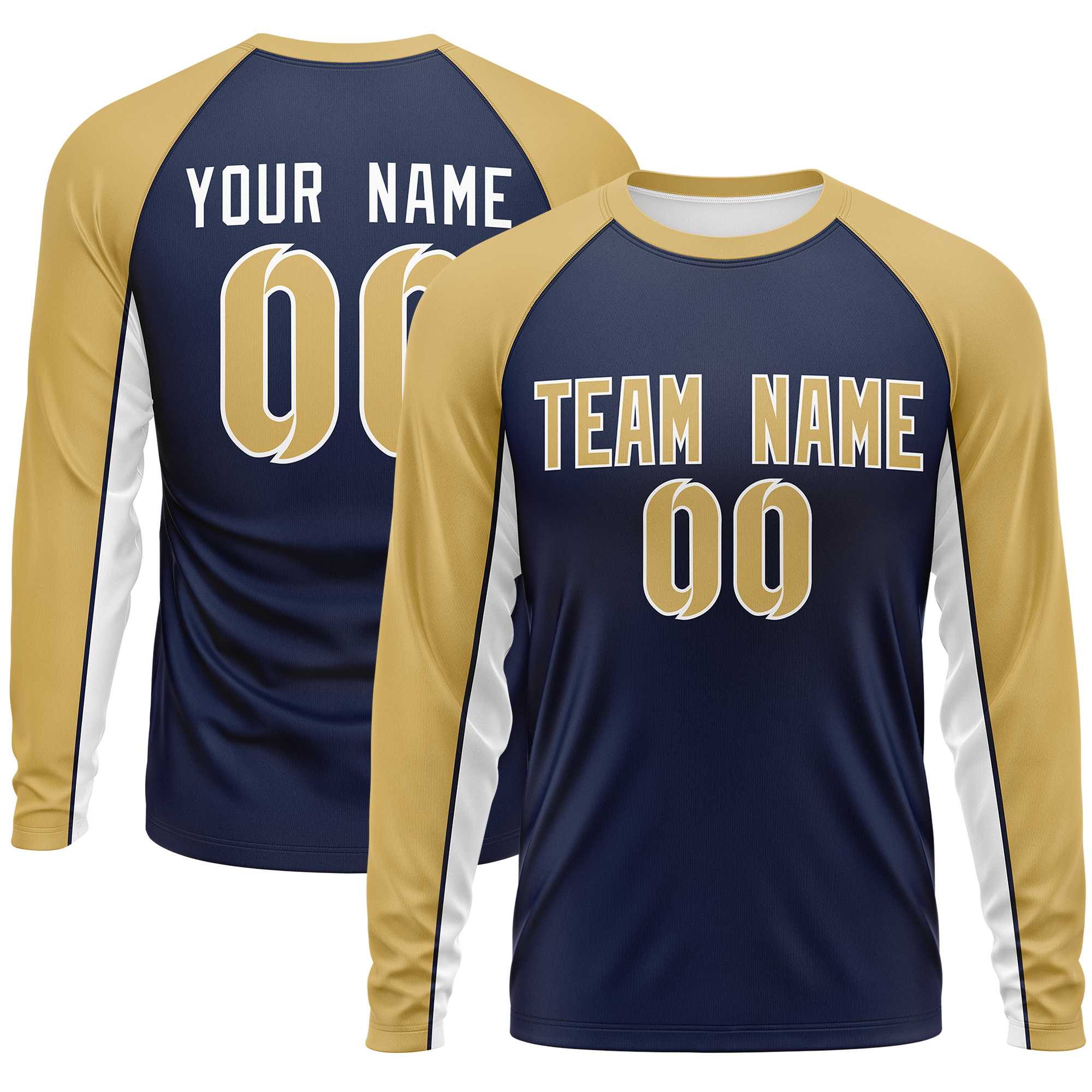 Custom Navy Old Gold Crew Neck Raglan Long Sleeve Performance T-Shirt