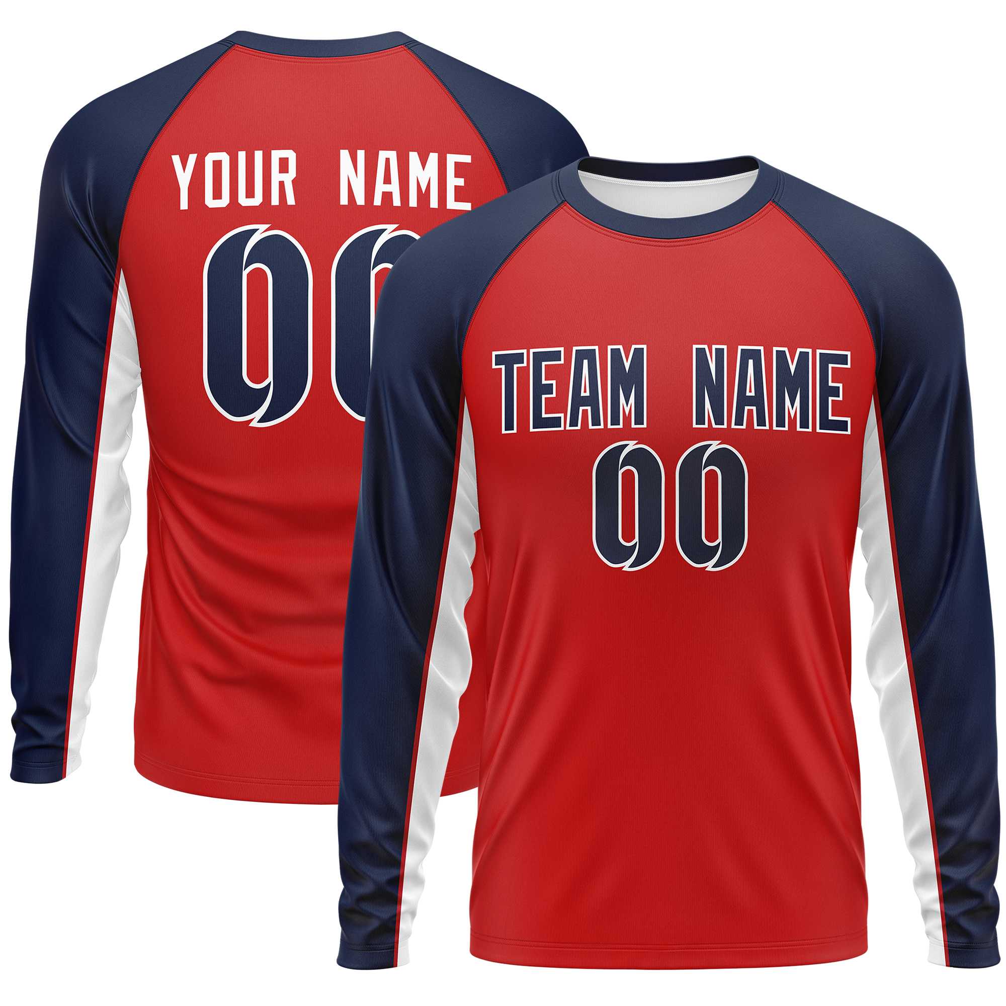 Custom Red Navy Crew Neck Raglan Long Sleeve Performance T-Shirt