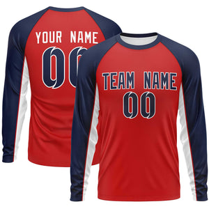 Custom Red Navy Crew Neck Raglan Long Sleeve Performance T-Shirt