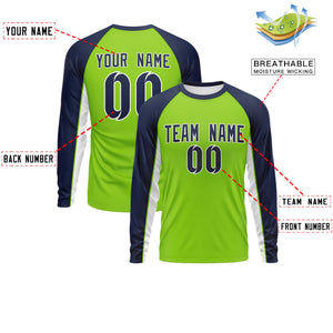 Custom Neon Green Navy Crew Neck Raglan Long Sleeve Performance T-Shirt