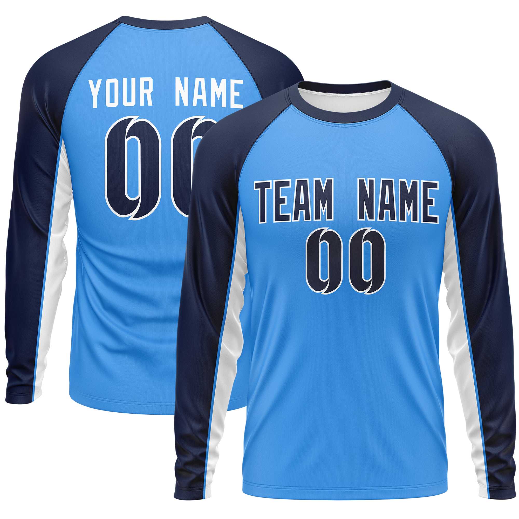 Custom Powder Blue Navy Crew Neck Raglan Long Sleeve Performance T-Shirt