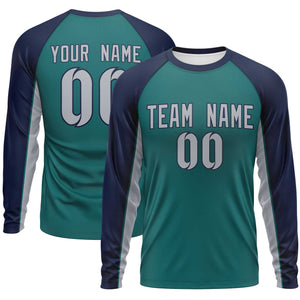 Custom Aqua Navy Crew Neck Raglan Long Sleeve Performance T-Shirt