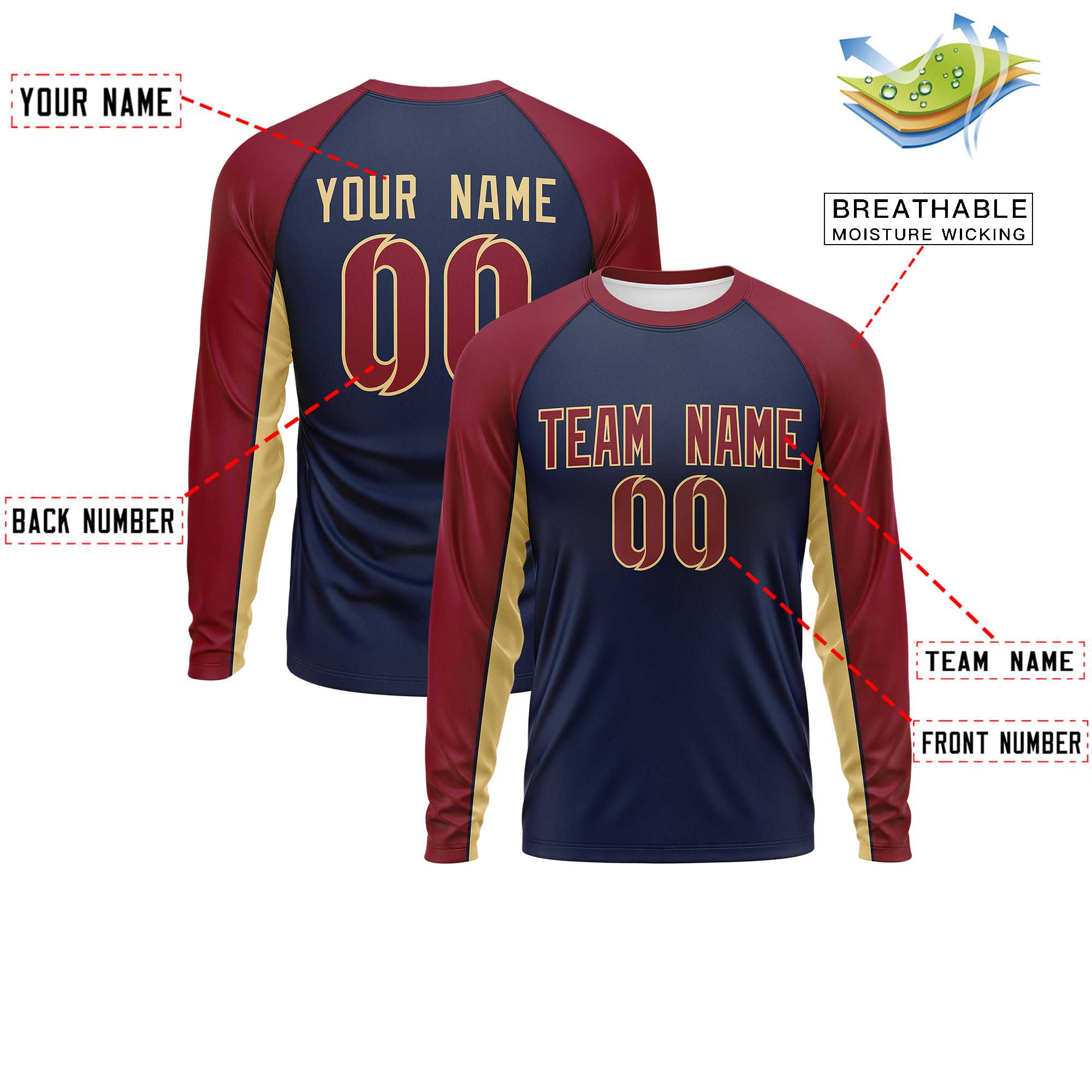 Custom Navy Crimson Crew Neck Raglan Long Sleeve Performance T-Shirt