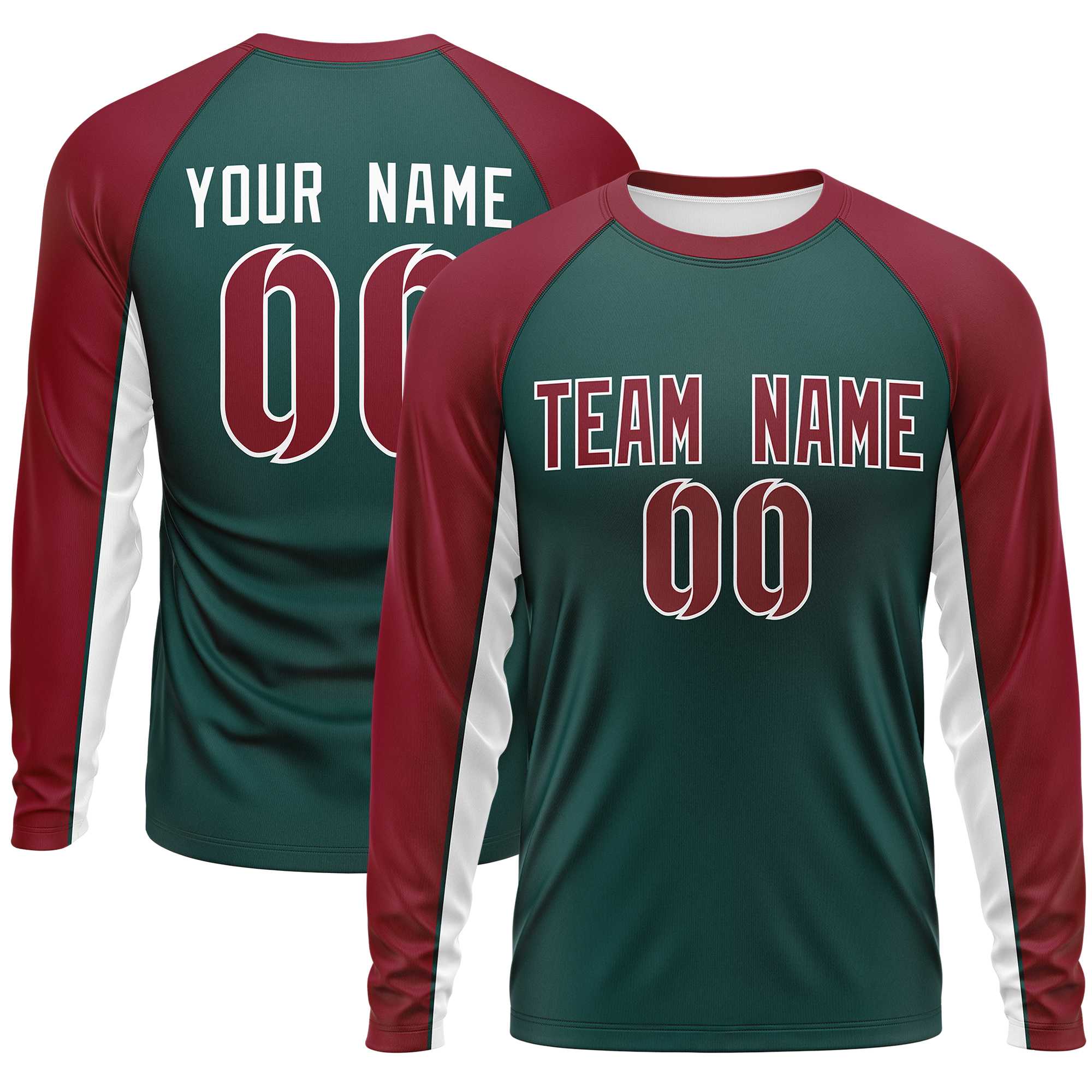 Custom Midnight Green Crimson Crew Neck Raglan Long Sleeve Performance T-Shirt