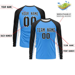 Custom Powder Blue Black Crew Neck Raglan Long Sleeve Performance T-Shirt