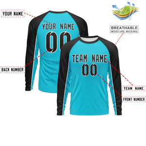 Custom Sky Blue Black Crew Neck Raglan Long Sleeve Performance T-Shirt