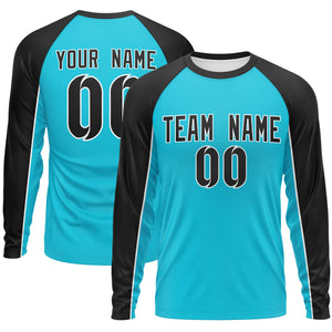 Custom Sky Blue Black Crew Neck Raglan Long Sleeve Performance T-Shirt