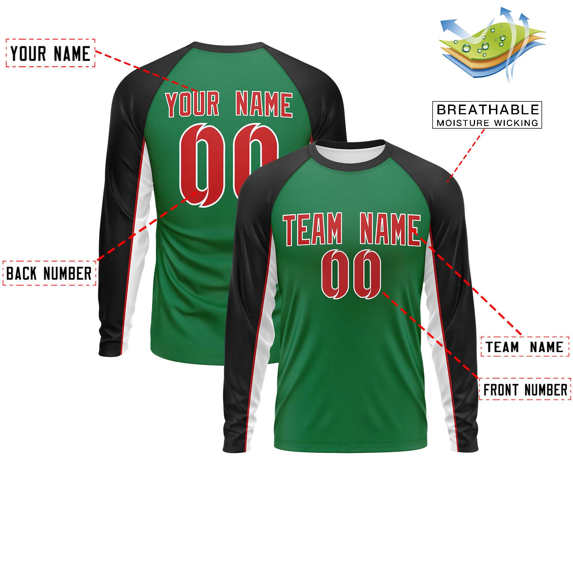 Custom Kelly Green Black Crew Neck Raglan Long Sleeve Performance T-Shirt