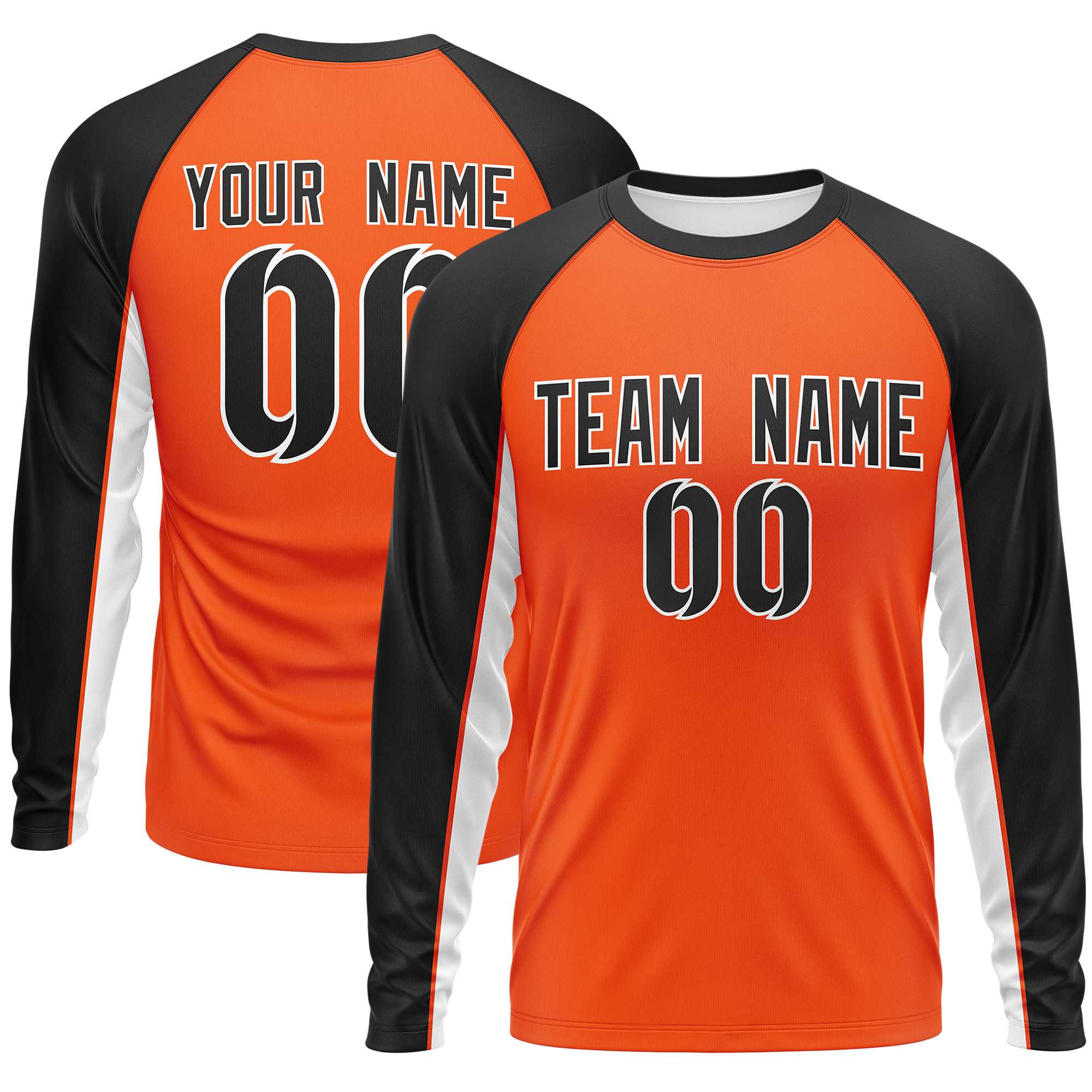 Custom Orange Black Crew Neck Raglan Long Sleeve Performance T-Shirt