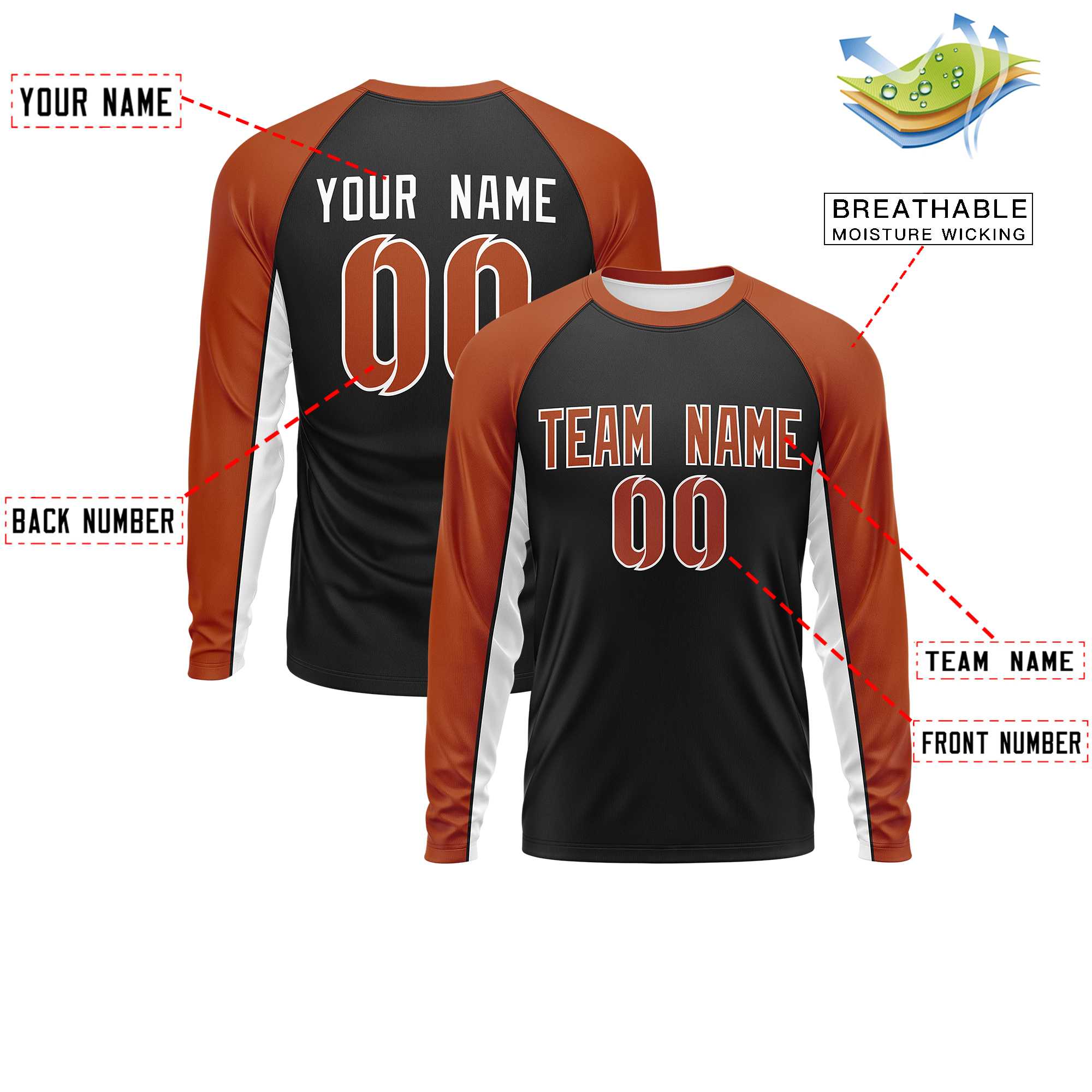 Custom Black Texas Orange Crew Neck Raglan Long Sleeve Performance T-Shirt