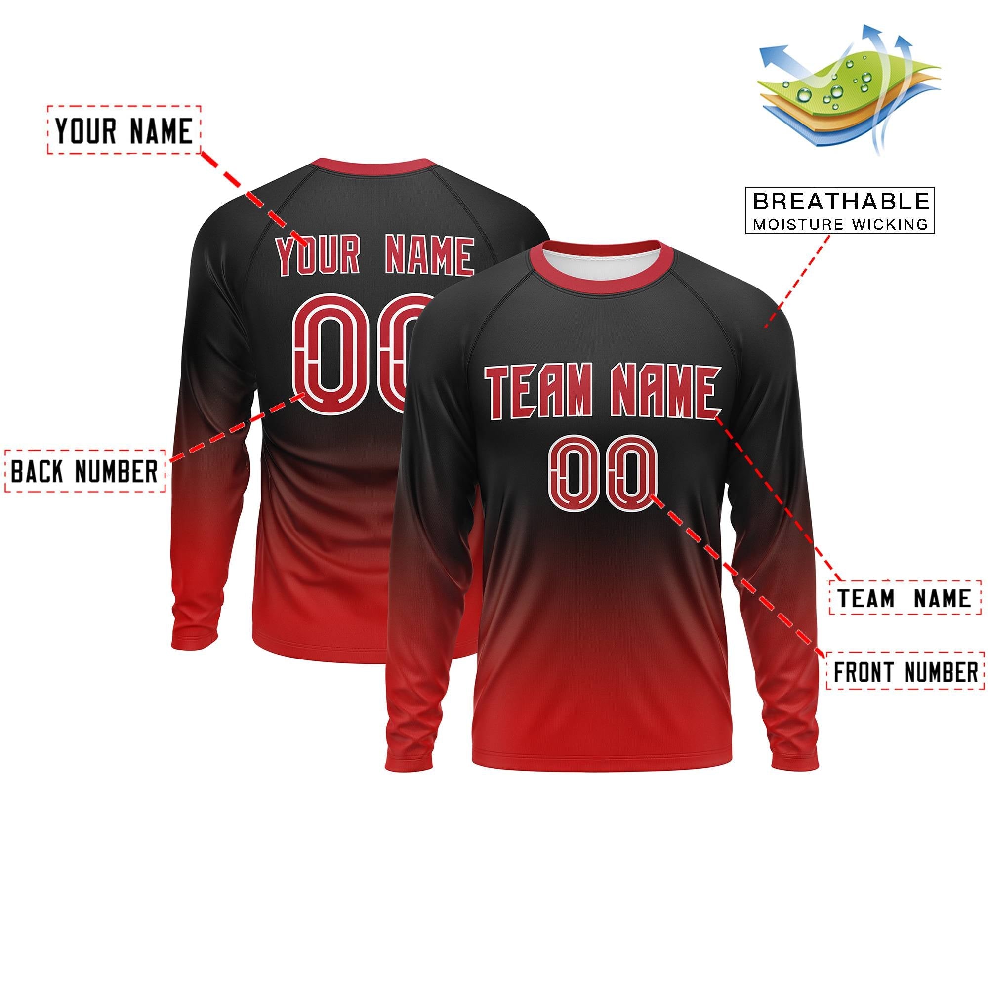 Custom Black-Red Gradient Fashion Design Long Sleeve Performance T-Shirt