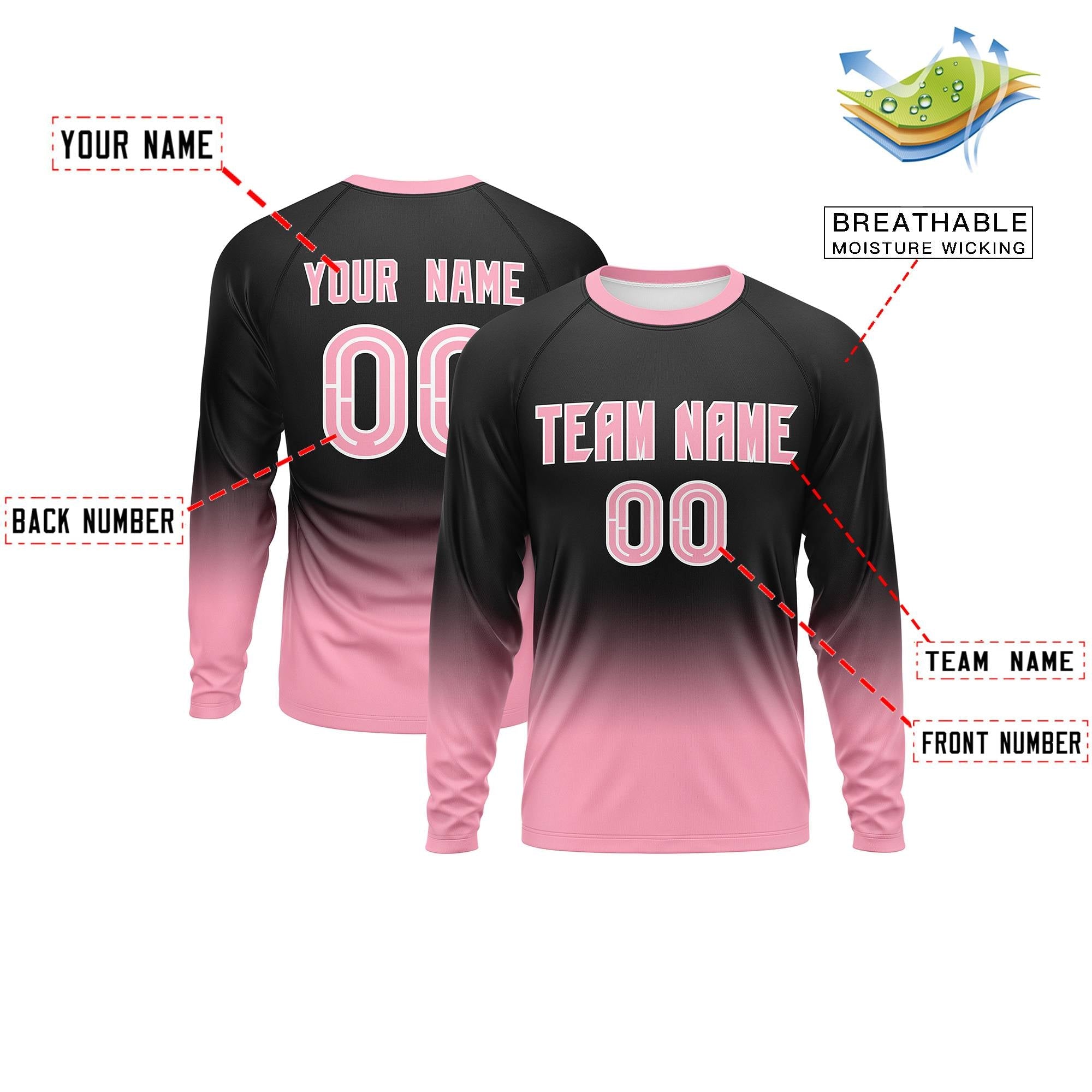 Custom Black-Light Pink Gradient Fashion Design Long Sleeve Performance T-Shirt