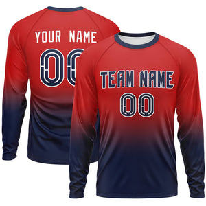 Custom Red-Navy Gradient Fashion Design Long Sleeve Performance T-Shirt