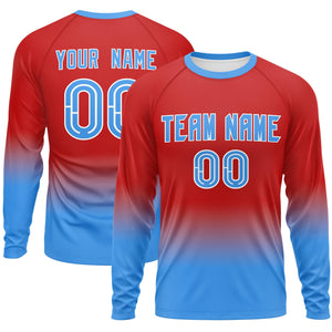 Custom Red-Powder Blue Gradient Fashion Design Long Sleeve Performance T-Shirt