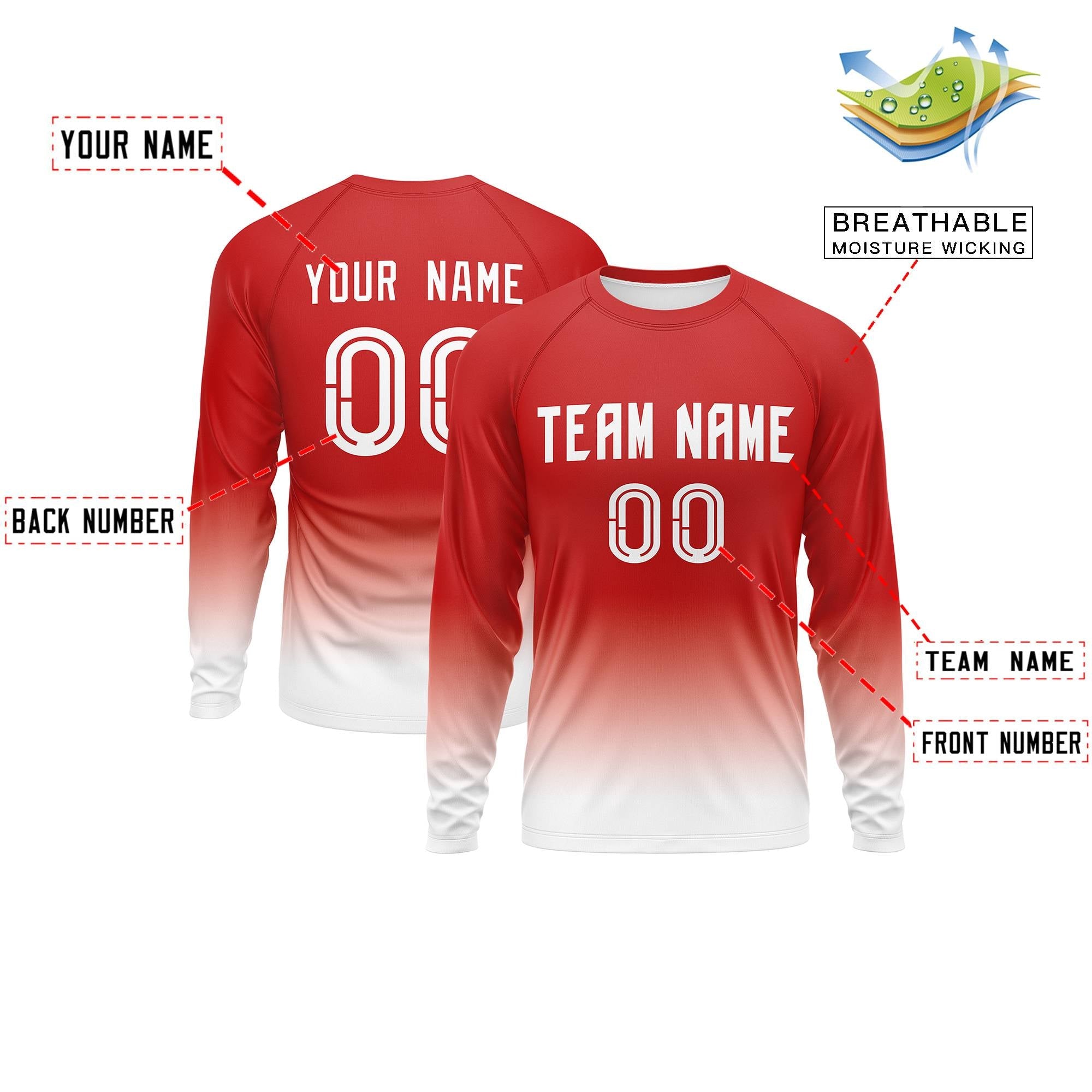 Custom Red-White Gradient Fashion Design Long Sleeve Performance T-Shirt