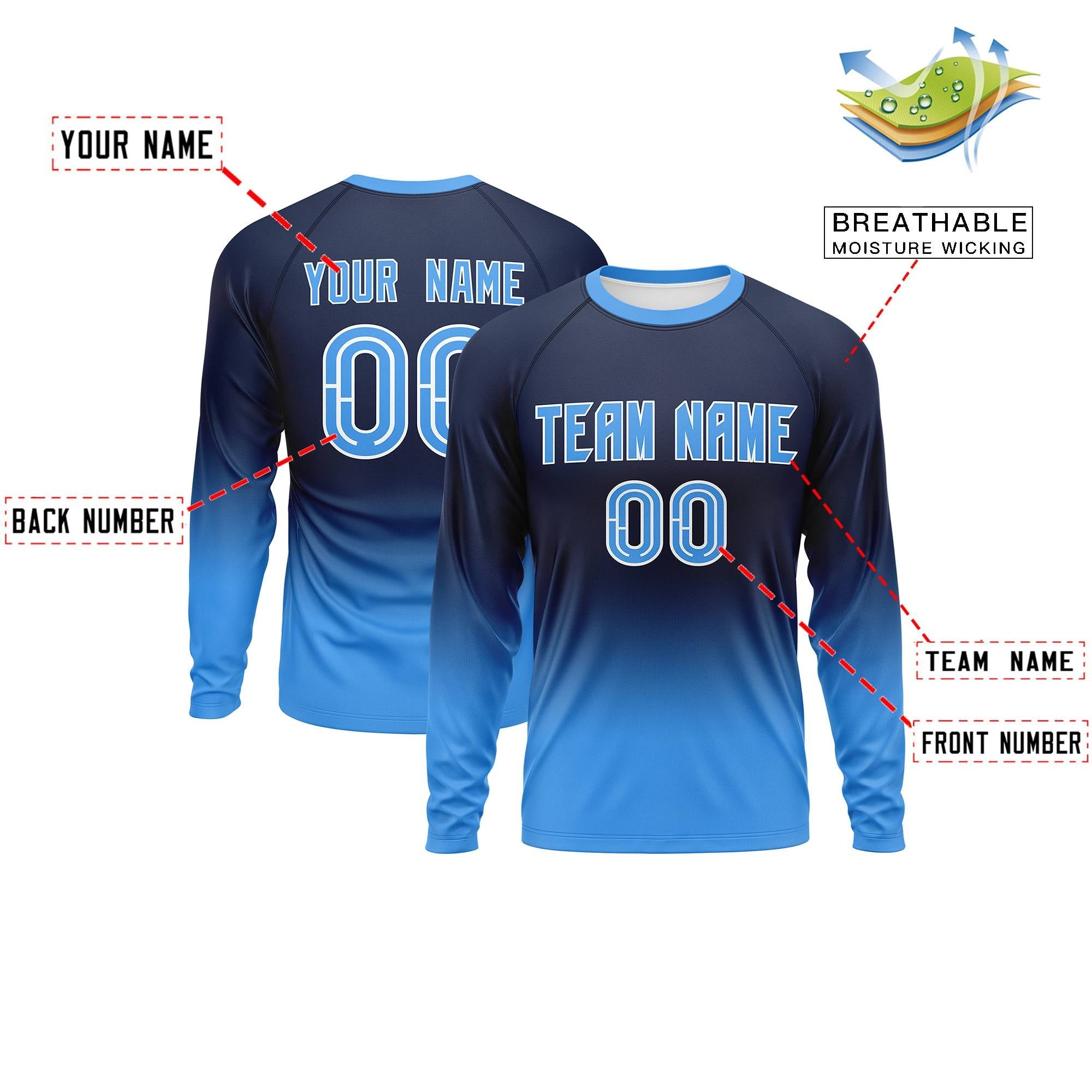 Custom Navy-Powder Blue Gradient Fashion Design Long Sleeve Performance T-Shirt