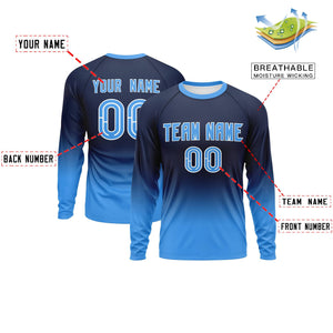 Custom Navy-Powder Blue Gradient Fashion Design Long Sleeve Performance T-Shirt