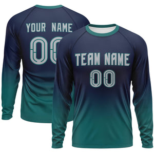 Custom Navy-Aqua Gradient Fashion Design Long Sleeve Performance T-Shirt