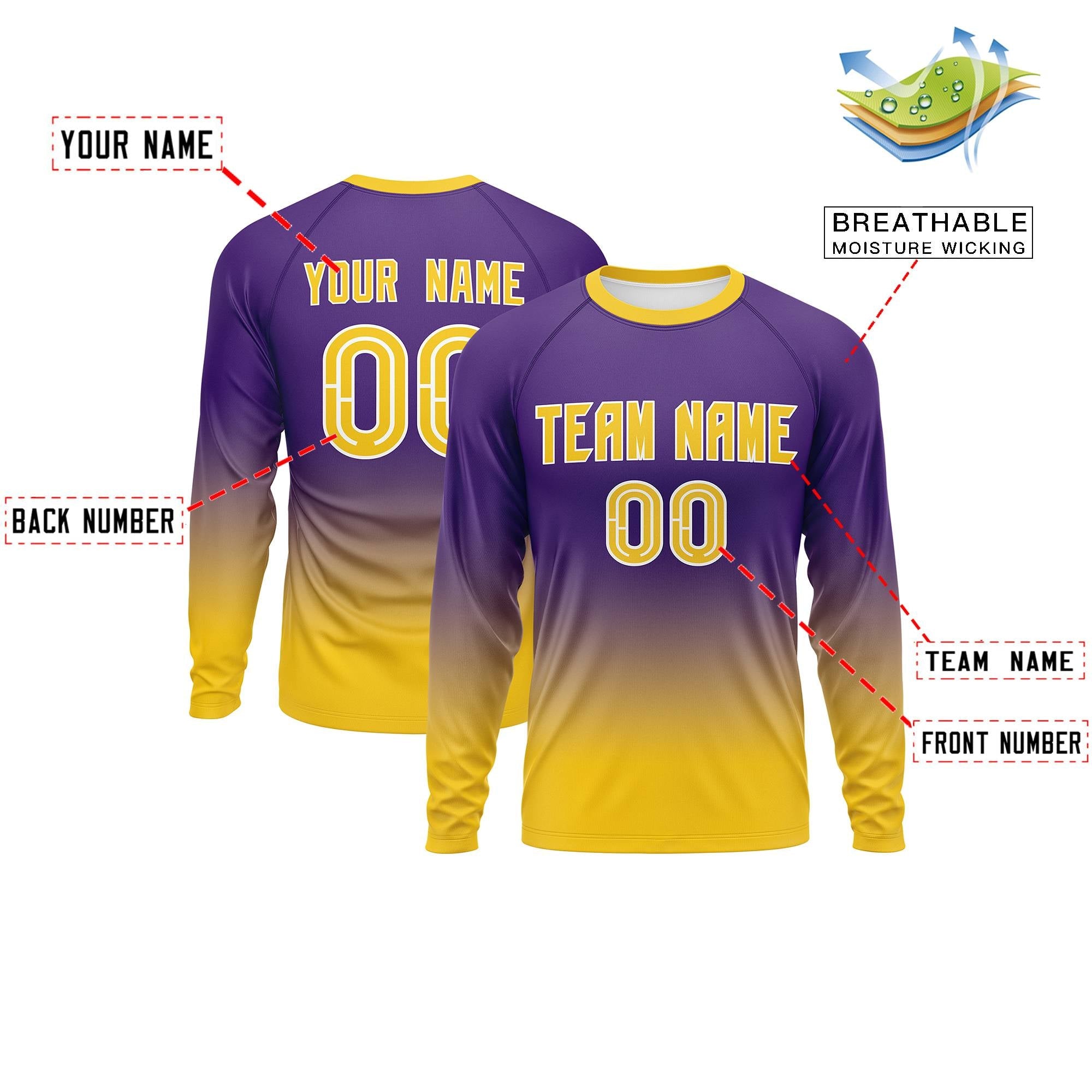 Custom Purple-Gold Gradient Fashion Design Long Sleeve Performance T-Shirt