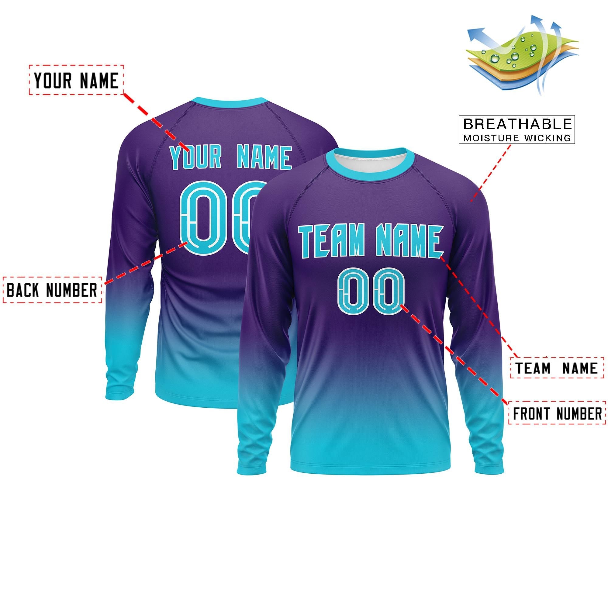 Custom Purple-Sky Blue Gradient Fashion Design Long Sleeve Performance T-Shirt