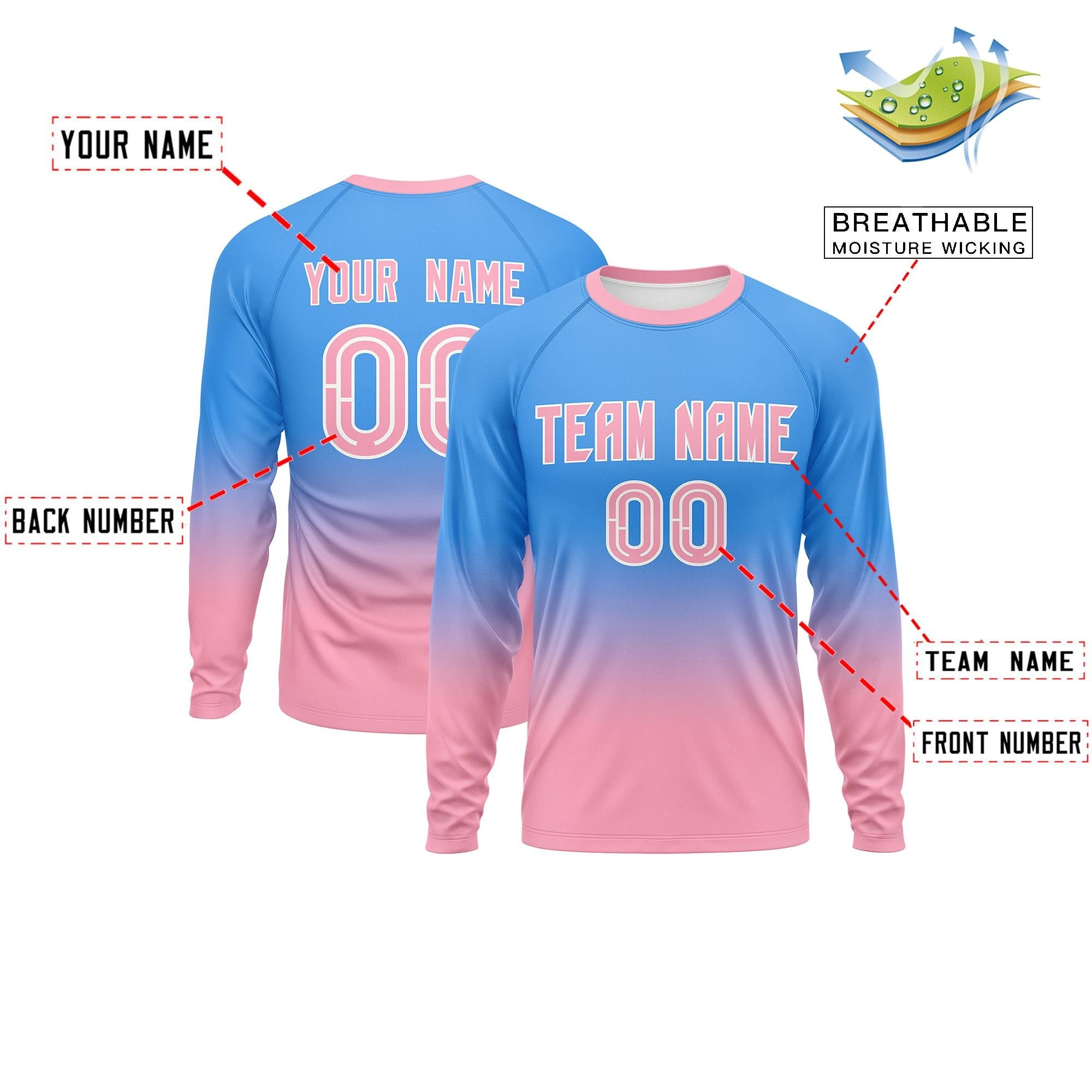 Custom Powder Blue-Light Pink Gradient Fashion Design Long Sleeve Performance T-Shirt