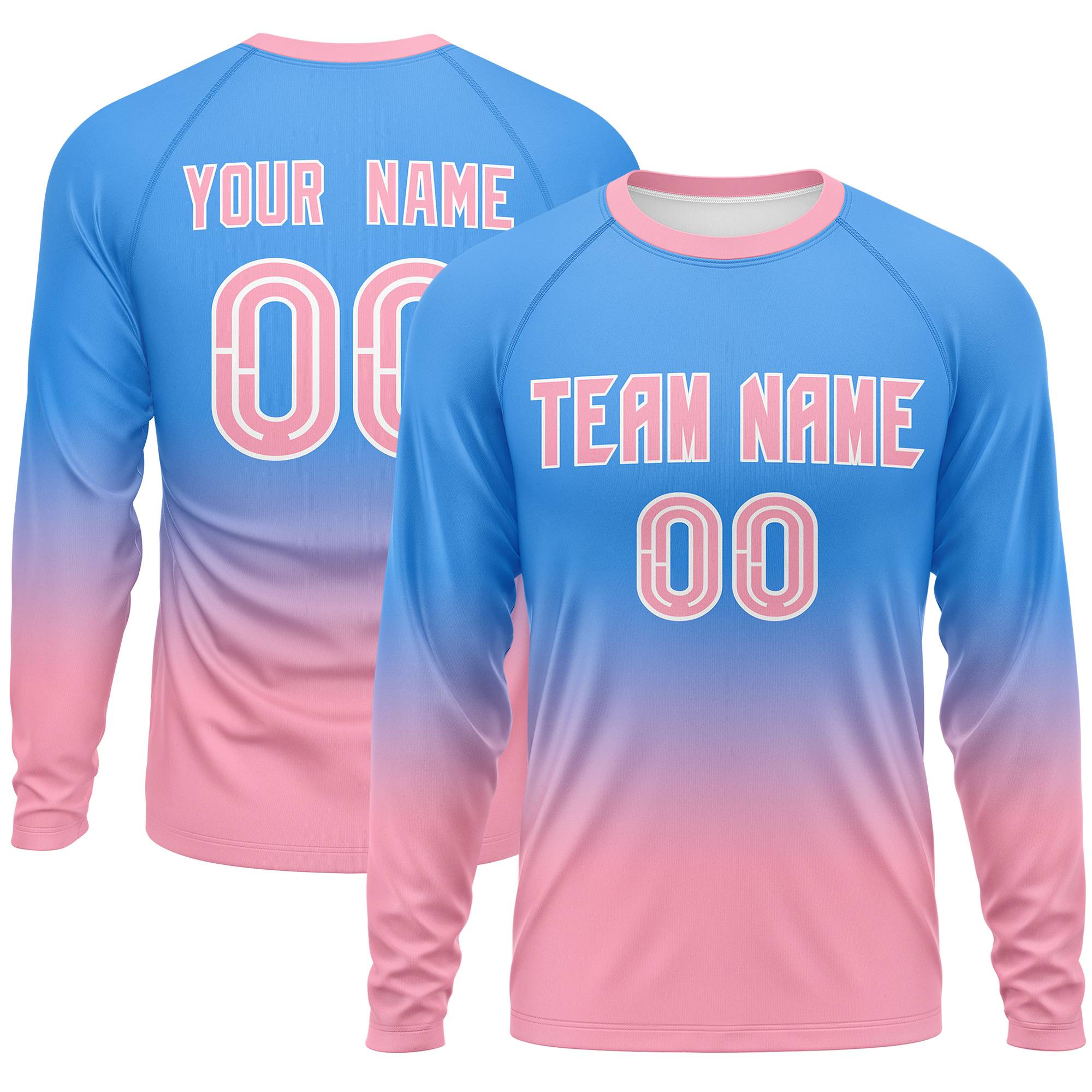 Custom Powder Blue-Light Pink Gradient Fashion Design Long Sleeve Performance T-Shirt