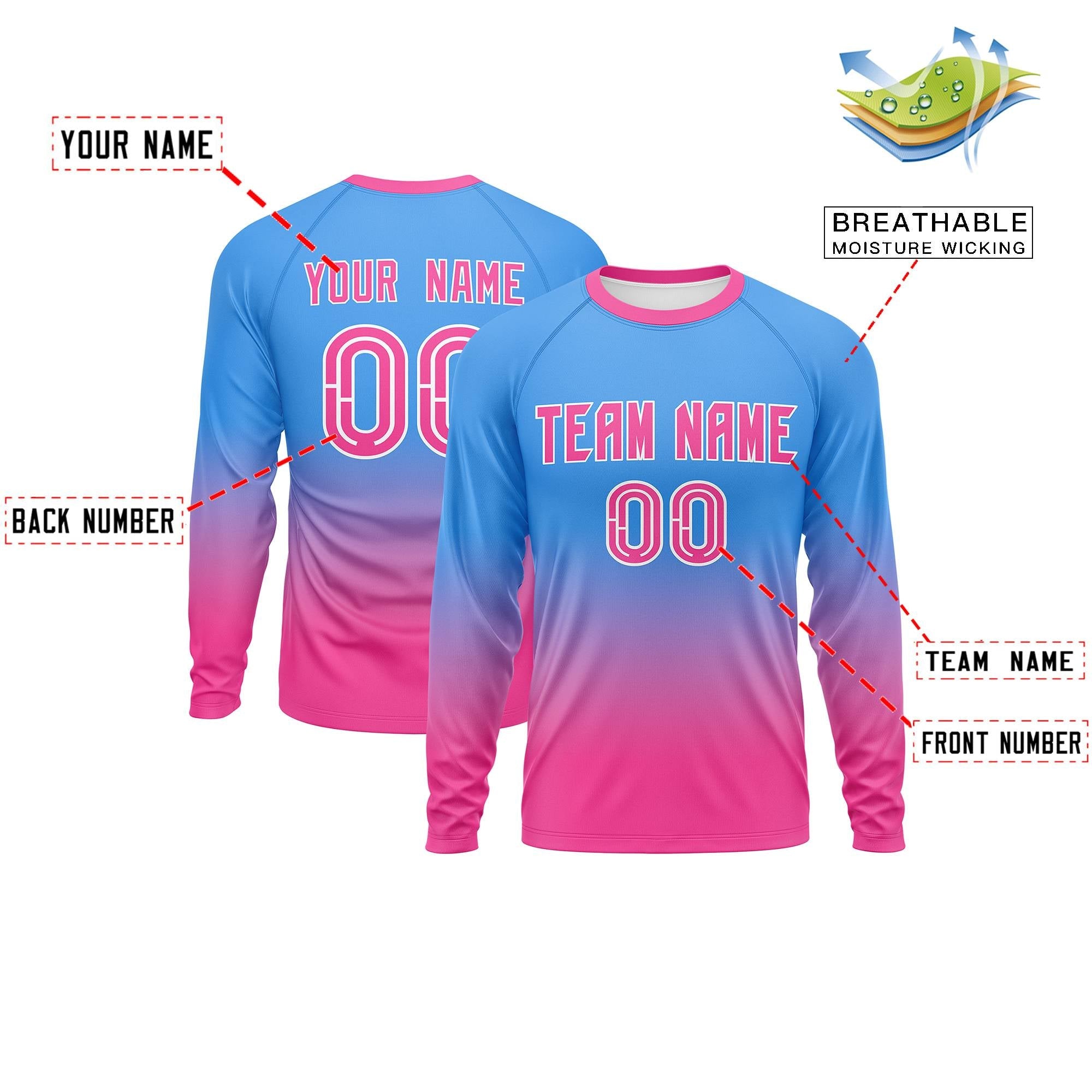 Custom Powder Blue-Pink Gradient Fashion Design Long Sleeve Performance T-Shirt