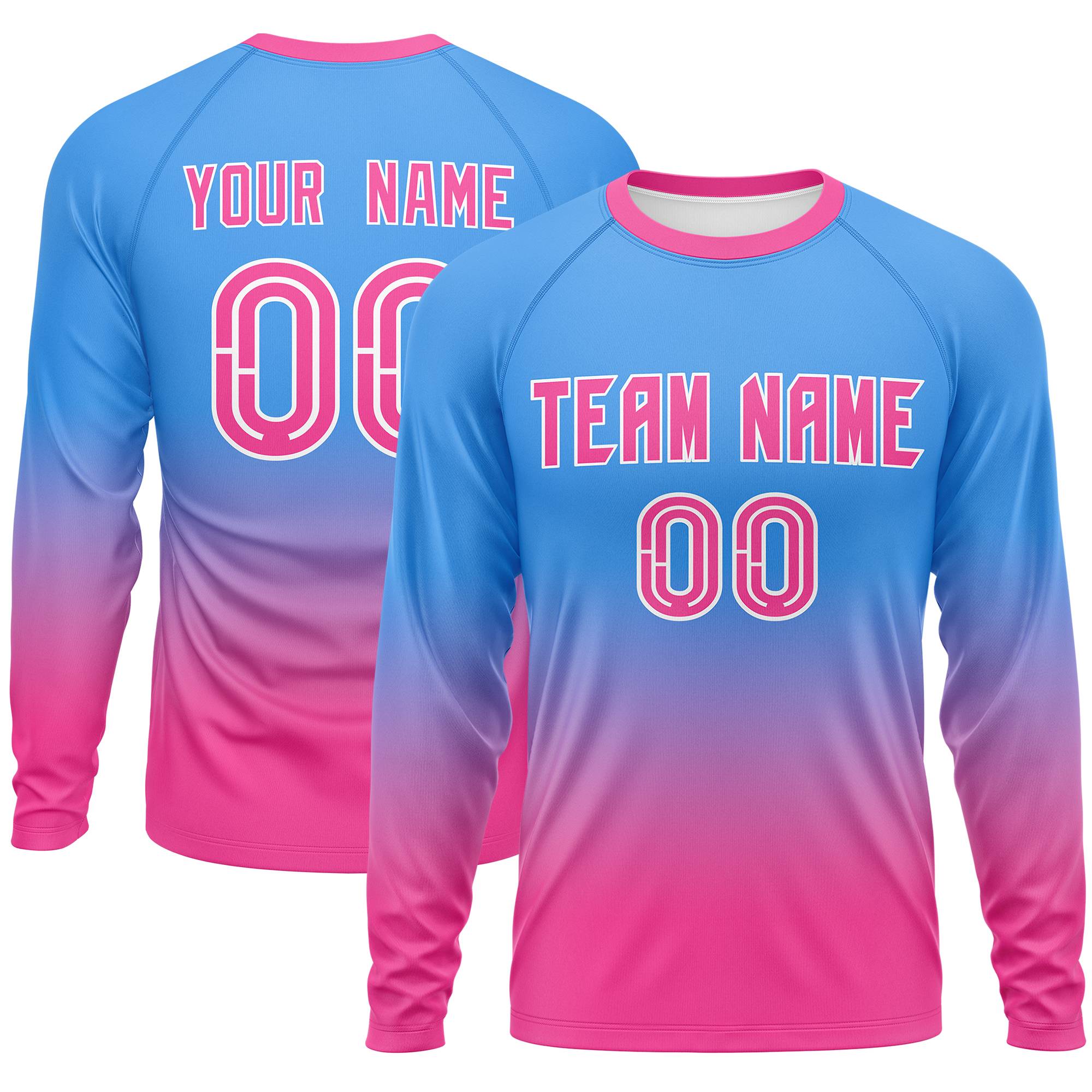 Custom Powder Blue-Pink Gradient Fashion Design Long Sleeve Performance T-Shirt