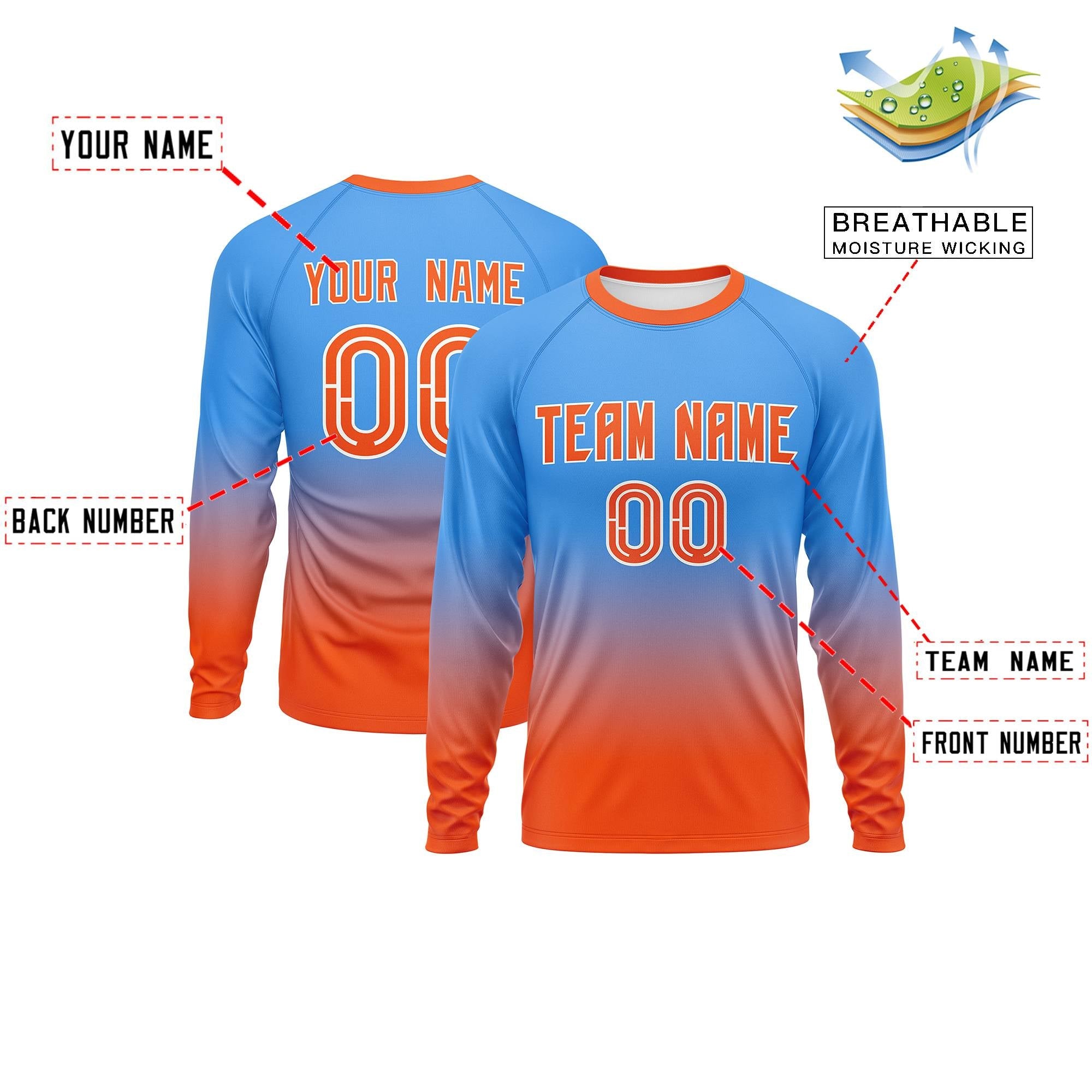 Custom Powder Blue-Orange Gradient Fashion Design Long Sleeve Performance T-Shirt