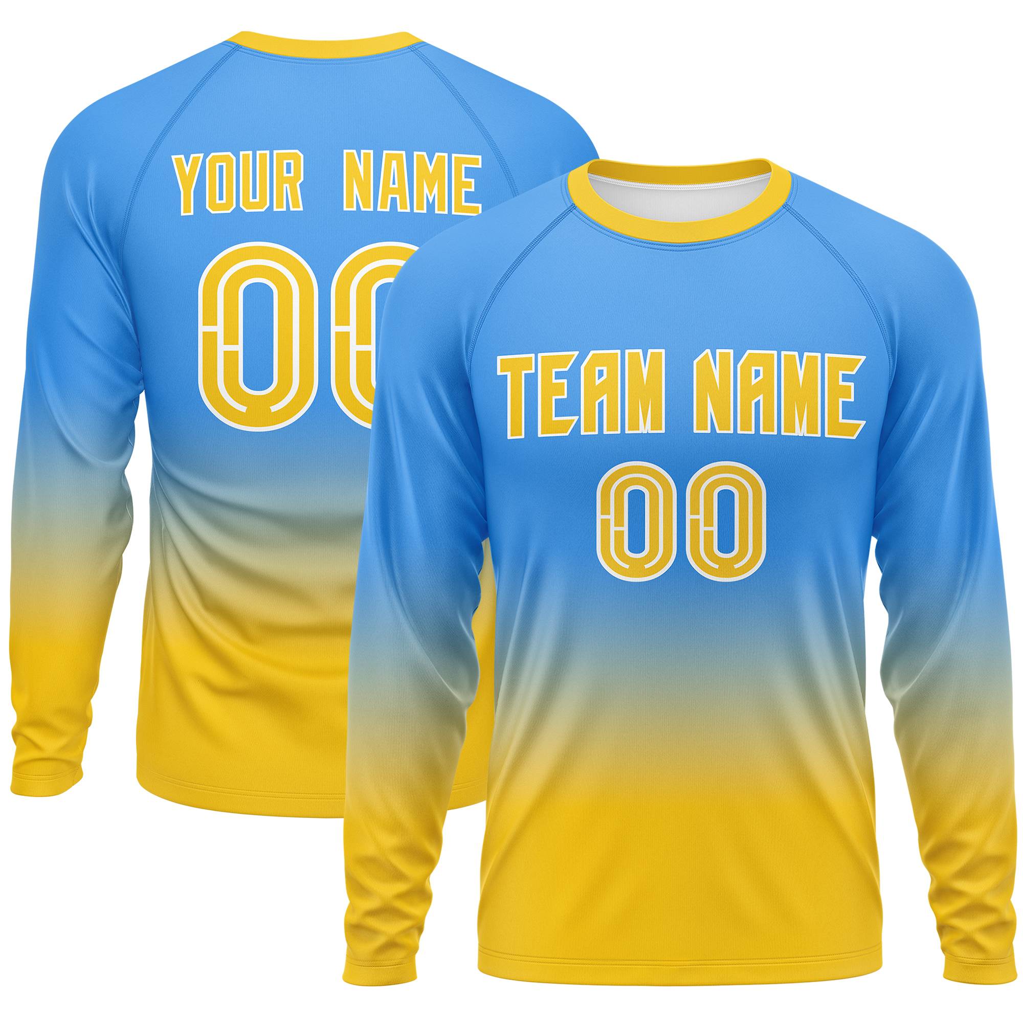 Custom Powder Blue-Gold Gradient Fashion Design Long Sleeve Performance T-Shirt