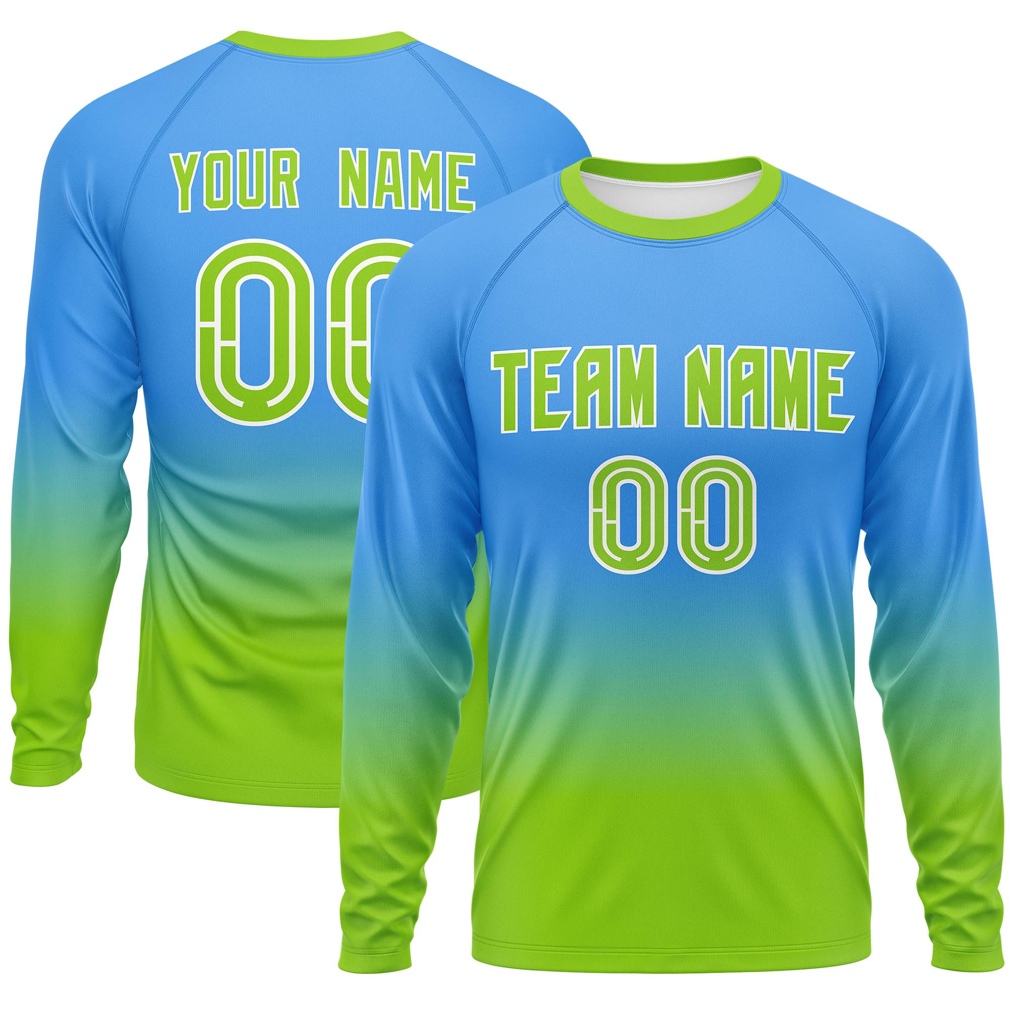 Custom Powder Blue-Neon Green Gradient Fashion Design Long Sleeve Performance T-Shirt