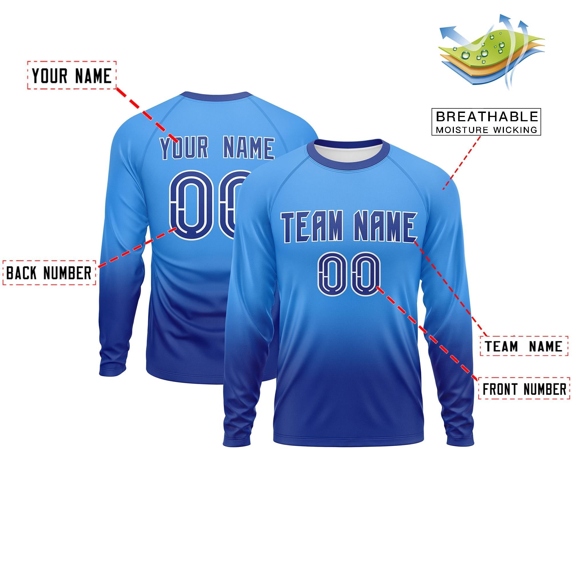 Custom Powder Blue-Royal Gradient Fashion Design Long Sleeve Performance T-Shirt