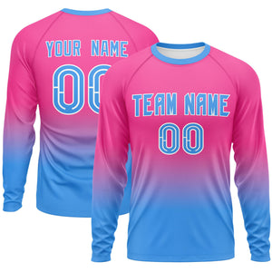 Custom Pink-Powder Blue Gradient Fashion Design Long Sleeve Performance T-Shirt