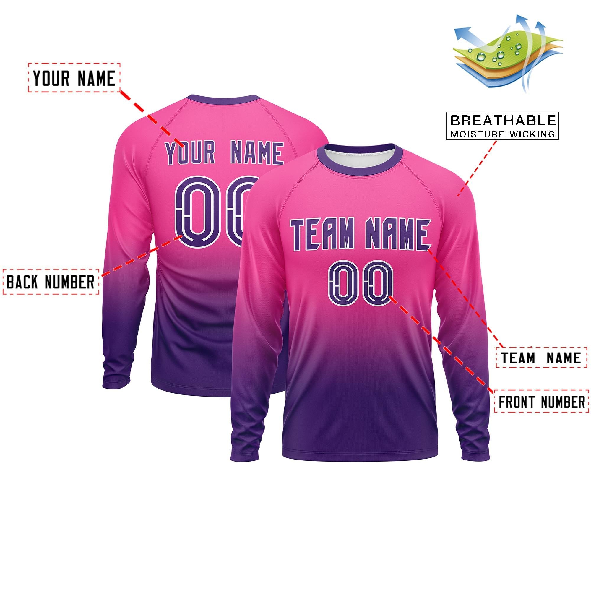 Custom Pink-Purple Gradient Fashion Design Long Sleeve Performance T-Shirt