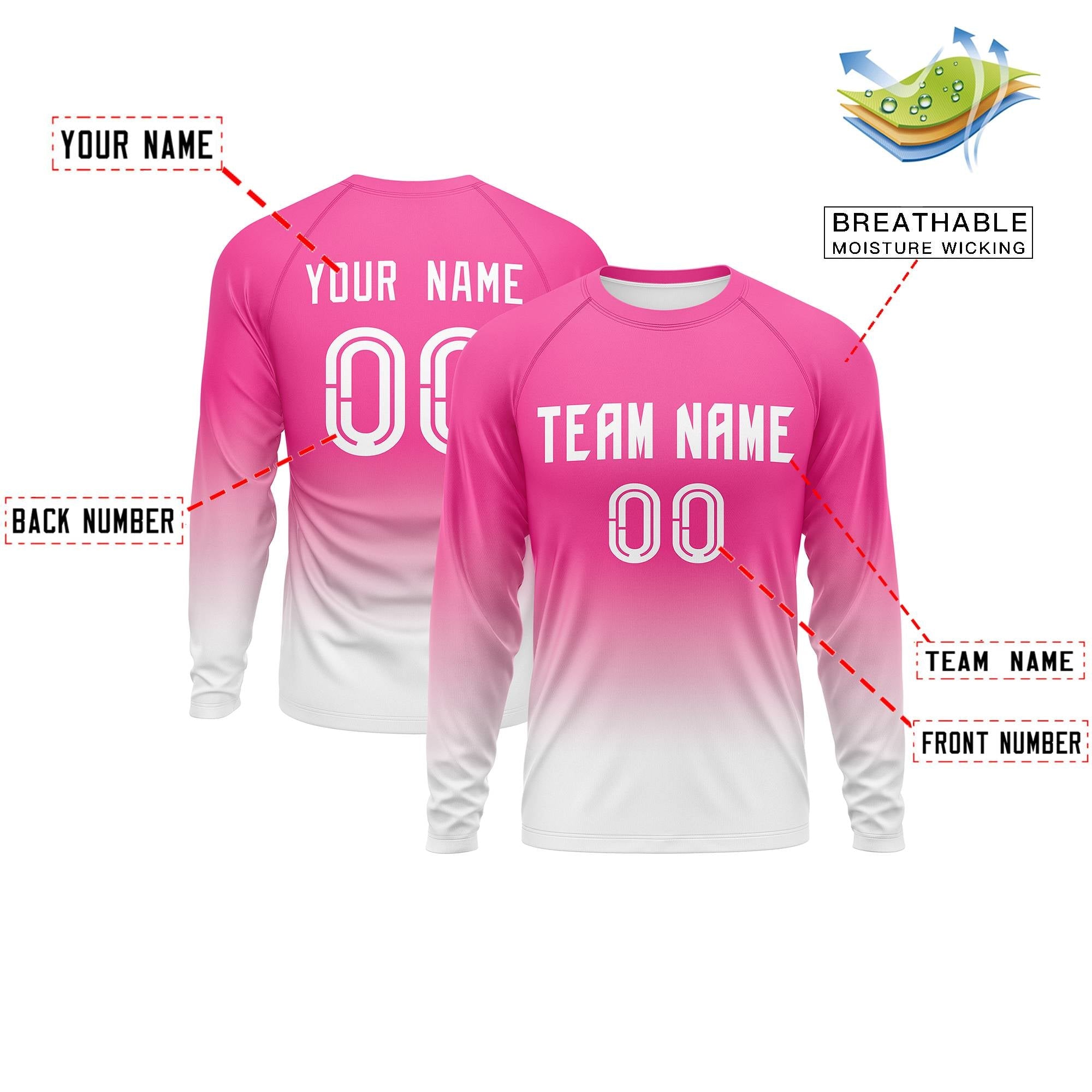 Custom Pink-Light-White Pink Gradient Fashion Design Long Sleeve Performance T-Shirt