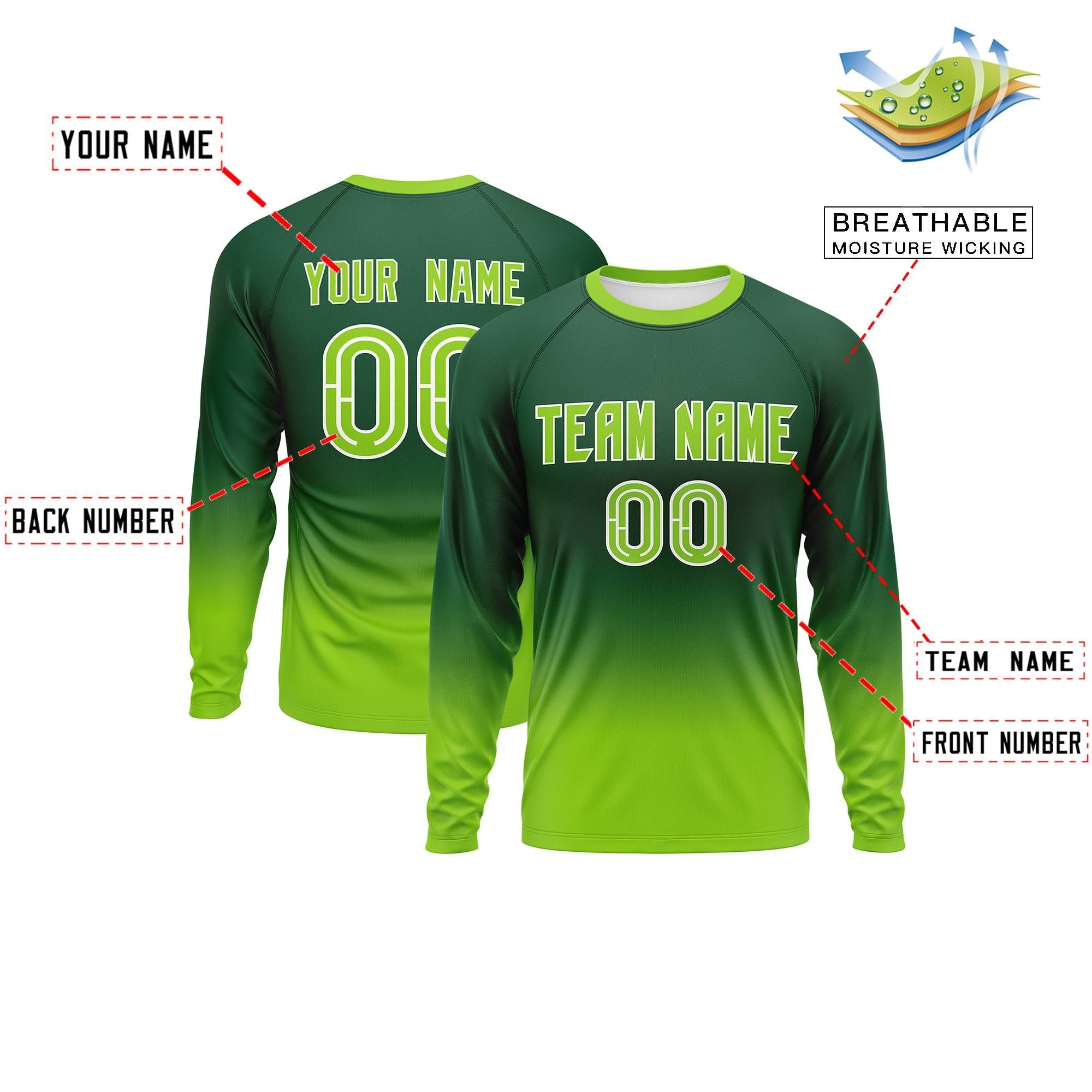 Custom Green-Neon Green Gradient Fashion Design Long Sleeve Performance T-Shirt