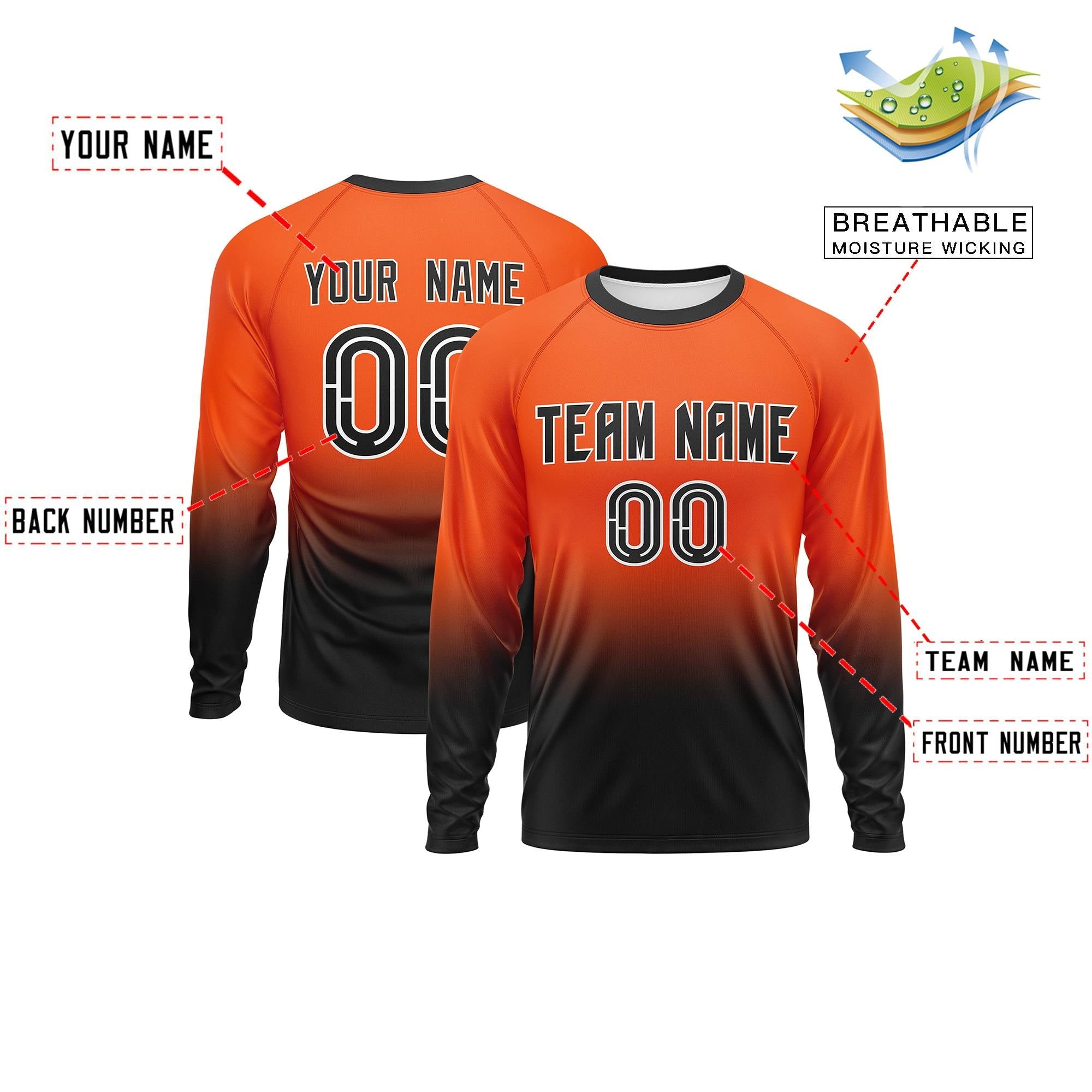 Custom Orange-Black Gradient Fashion Design Long Sleeve Performance T-Shirt