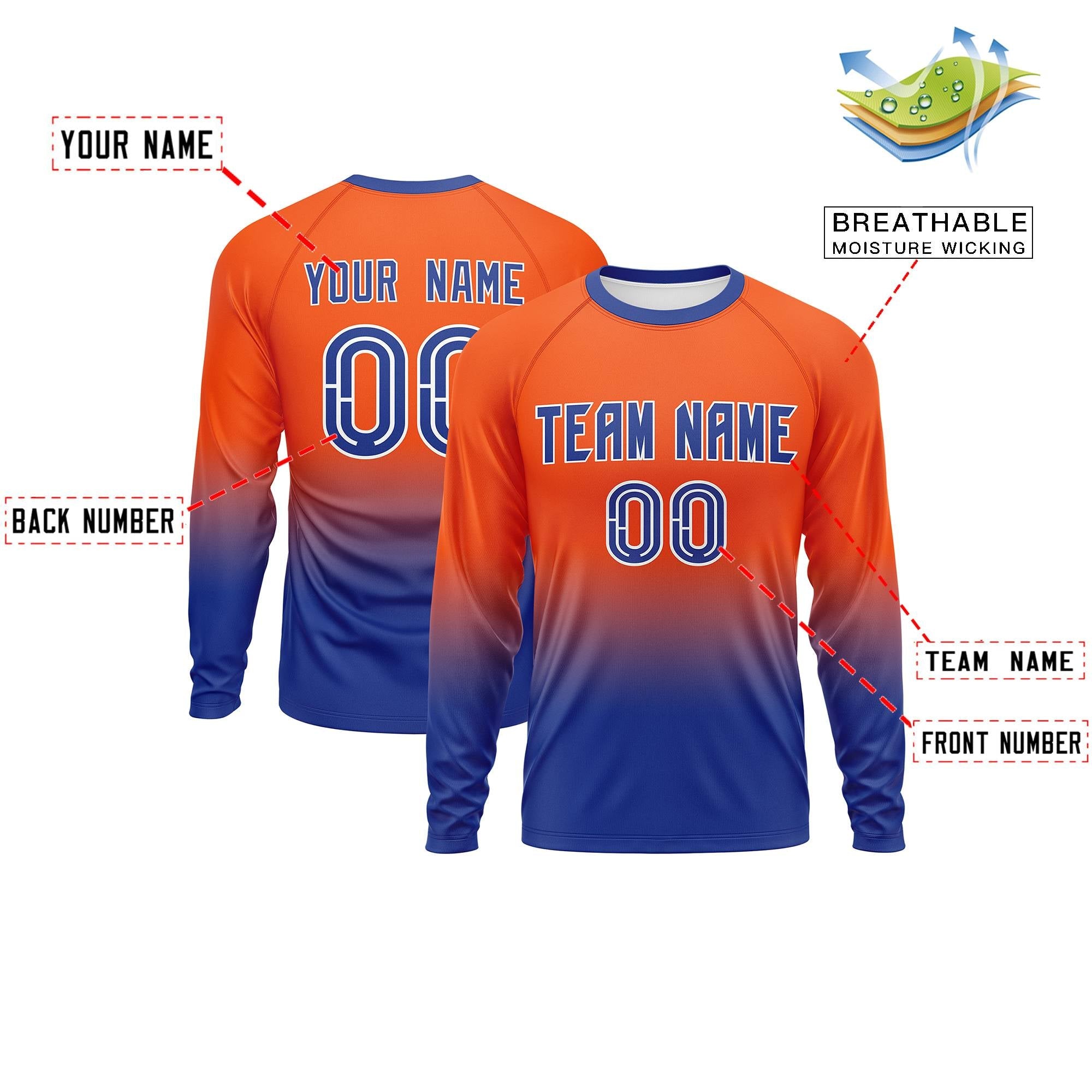 Custom Orange-Royal Gradient Fashion Design Long Sleeve Performance T-Shirt