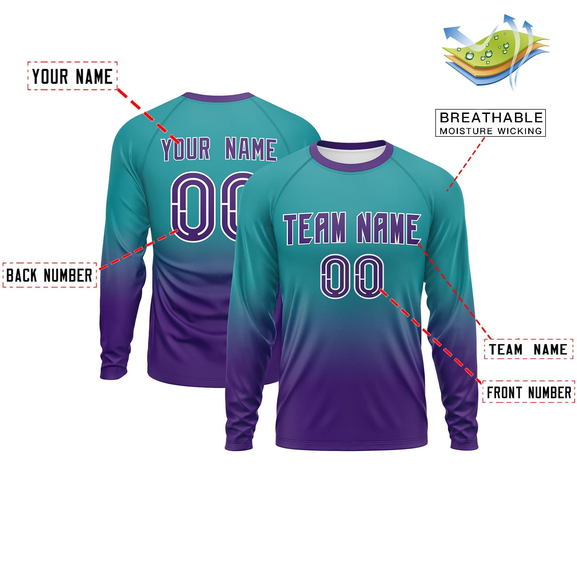 Custom Aqua-Purple Gradient Fashion Design Long Sleeve Performance T-Shirt